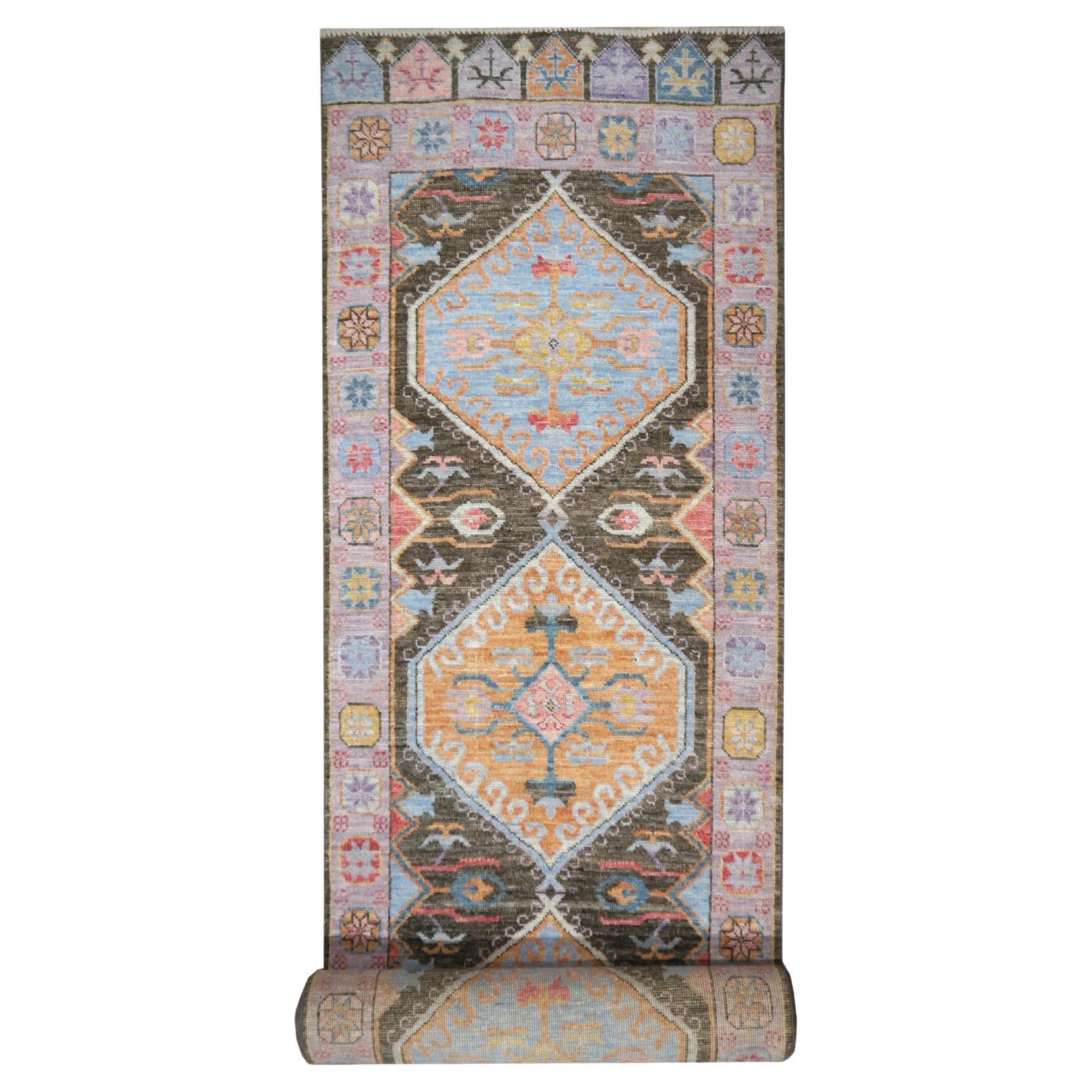 Medallion Oushak Runner with Geometric Design Hallway or Stair Carpet For Sale