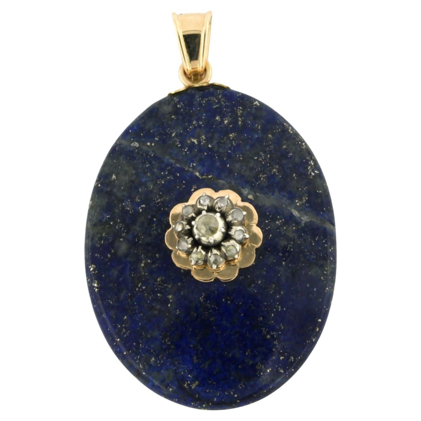 Medallion pendant of lapis lazuli and set with diamonds 14k gold and silver For Sale