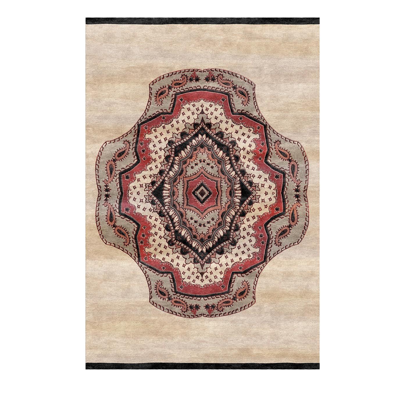 Distinguished for its creativity and mystical allure, this exceptional rug exemplifies Malcusa's artistic vision. Made of hand knotted wool and bamboo fibers by Tibetan craftsmen, the rug's remarkable mandala design has fourteen concentric rings: