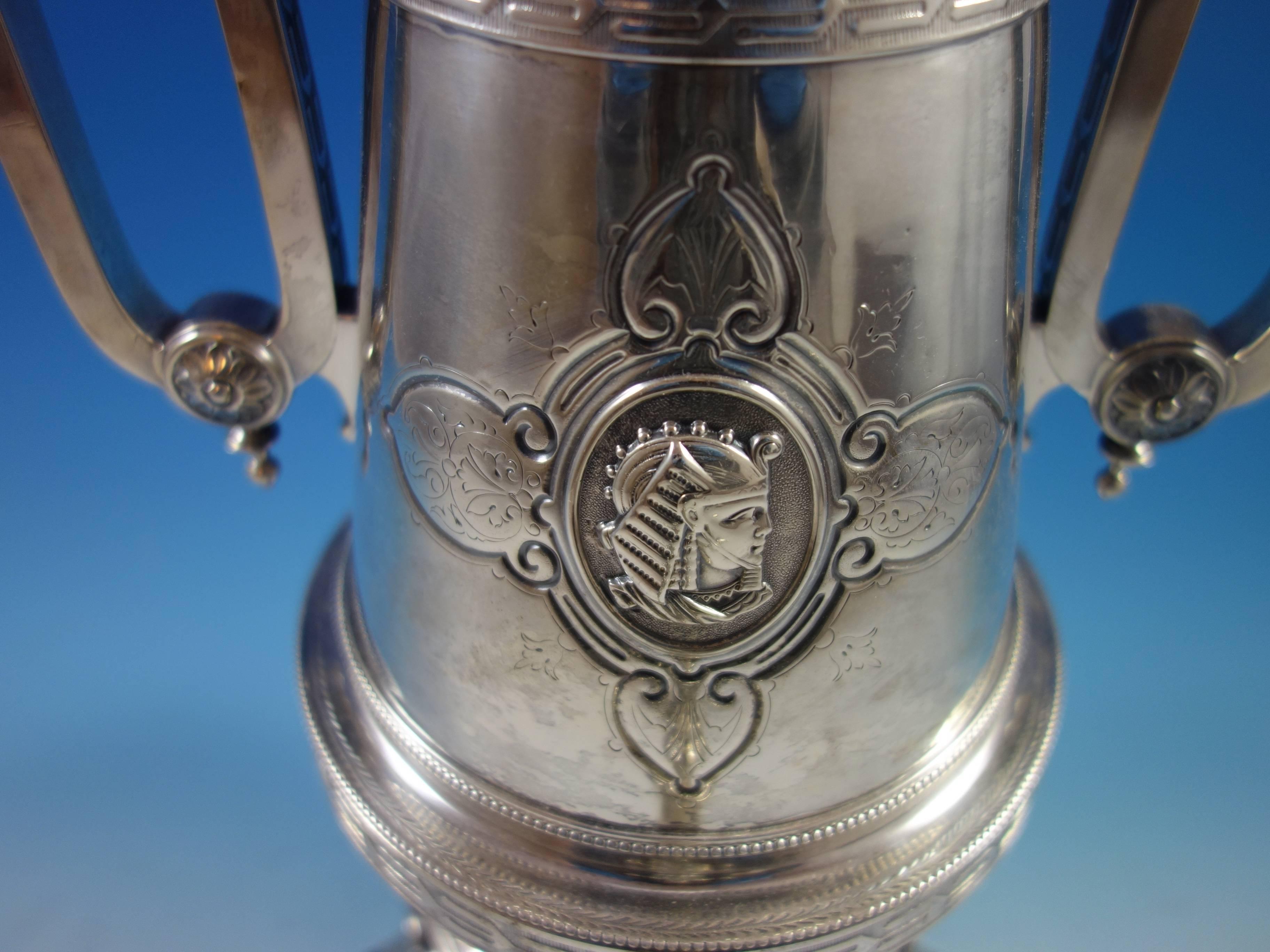 Medallion by S. Mead & Co. sterling silver hot water urn or samovar with Egyptian pharaoh head medallion. The piece has a 