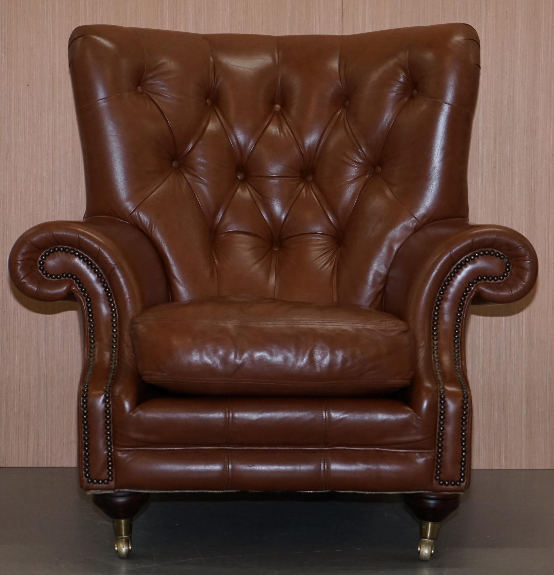 We are delighted to offer for sale this stunning RRP £1699 Medallion upholstery LTD San Remo Tan brown leather Chesterfield armchair which is part of a suite

The suite came from a rather prestigious clients mansion home in Chelsea, they had the