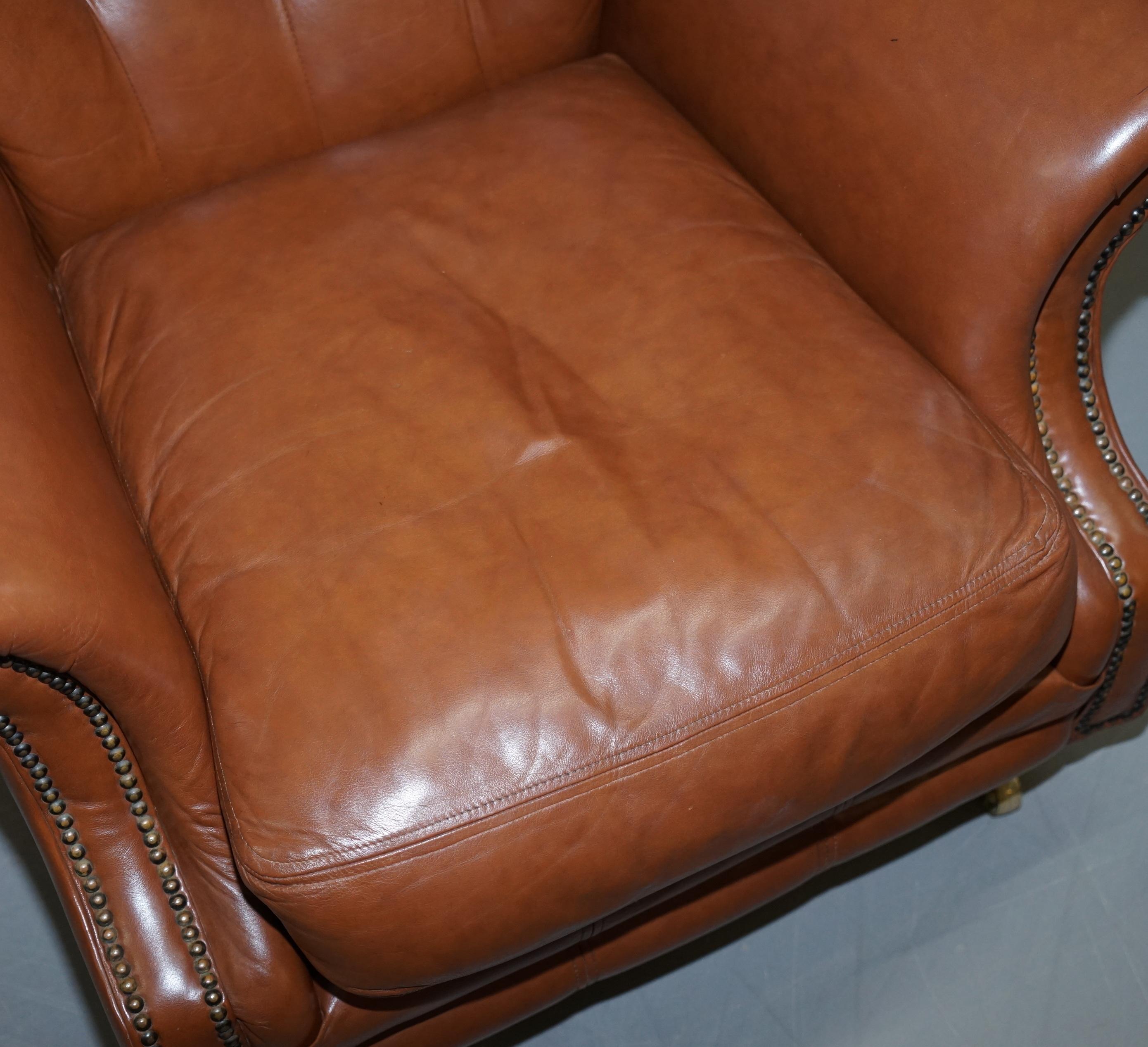 English Medallion Upholstery Brown Leather Chesterfield Armchair Part of Suite