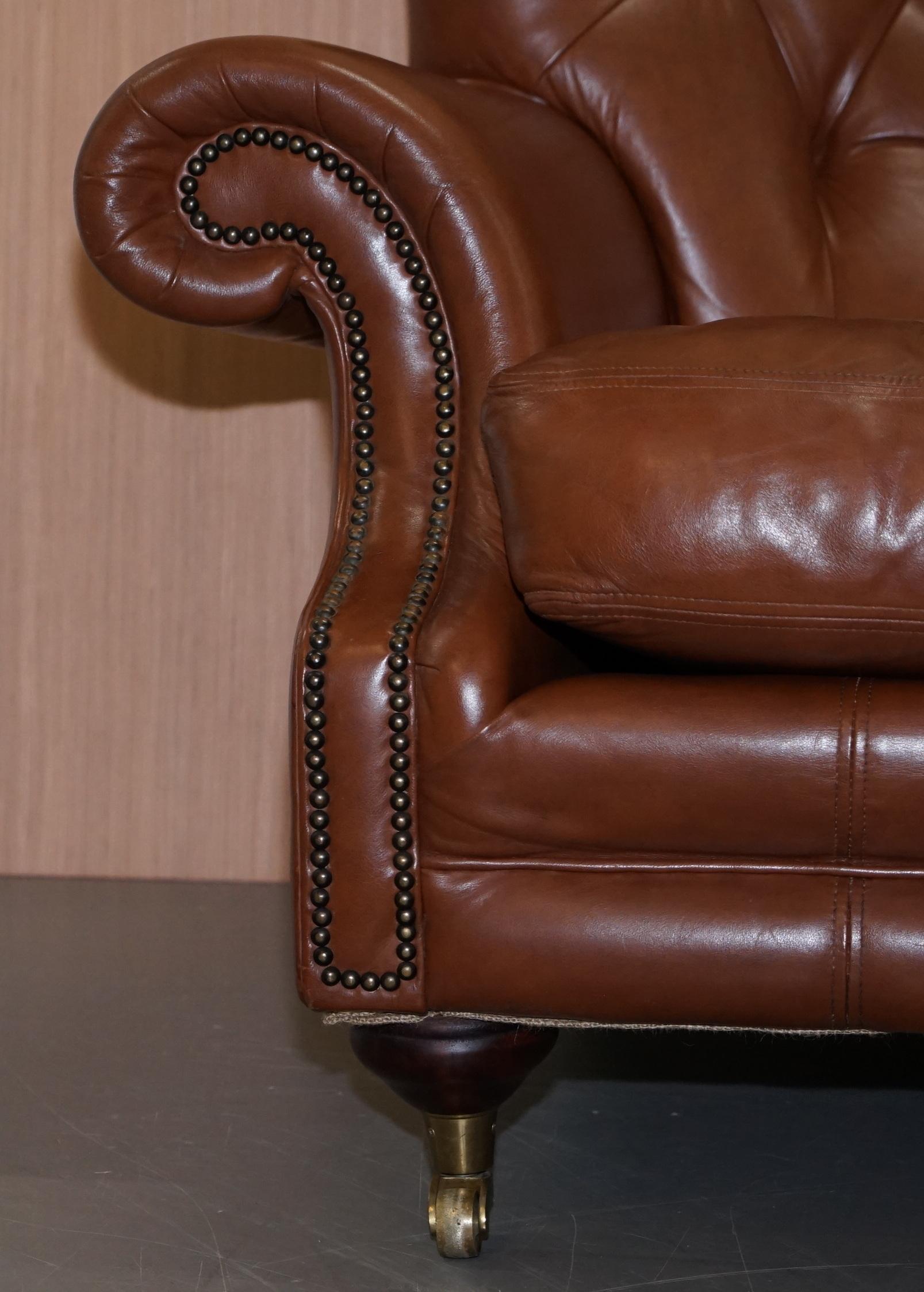 Hand-Crafted Medallion Upholstery Brown Leather Chesterfield Armchair Part of Suite