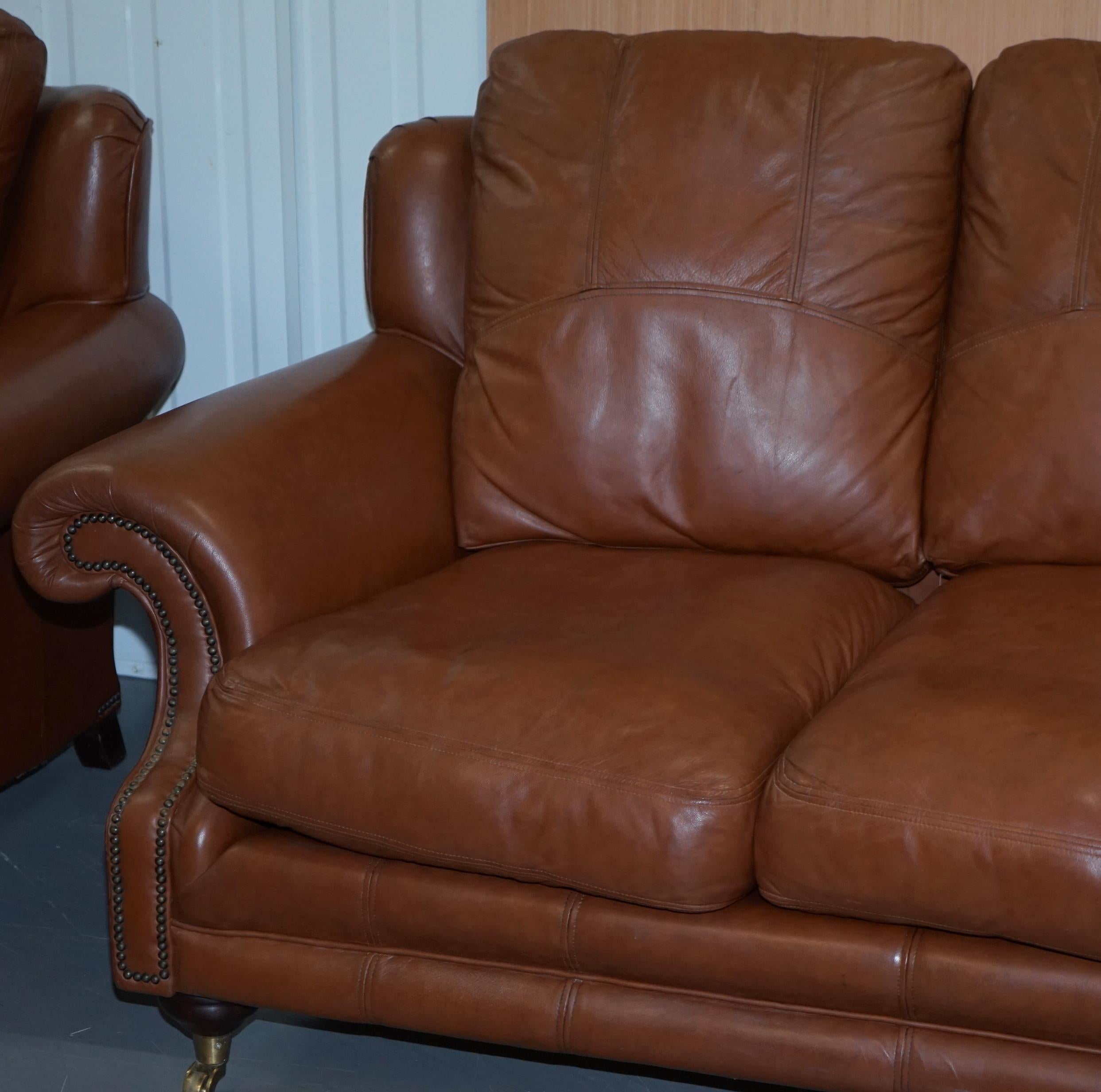 English Medallion Upholstery Brown Leather Three-Seat Sofa Part of Large Suite