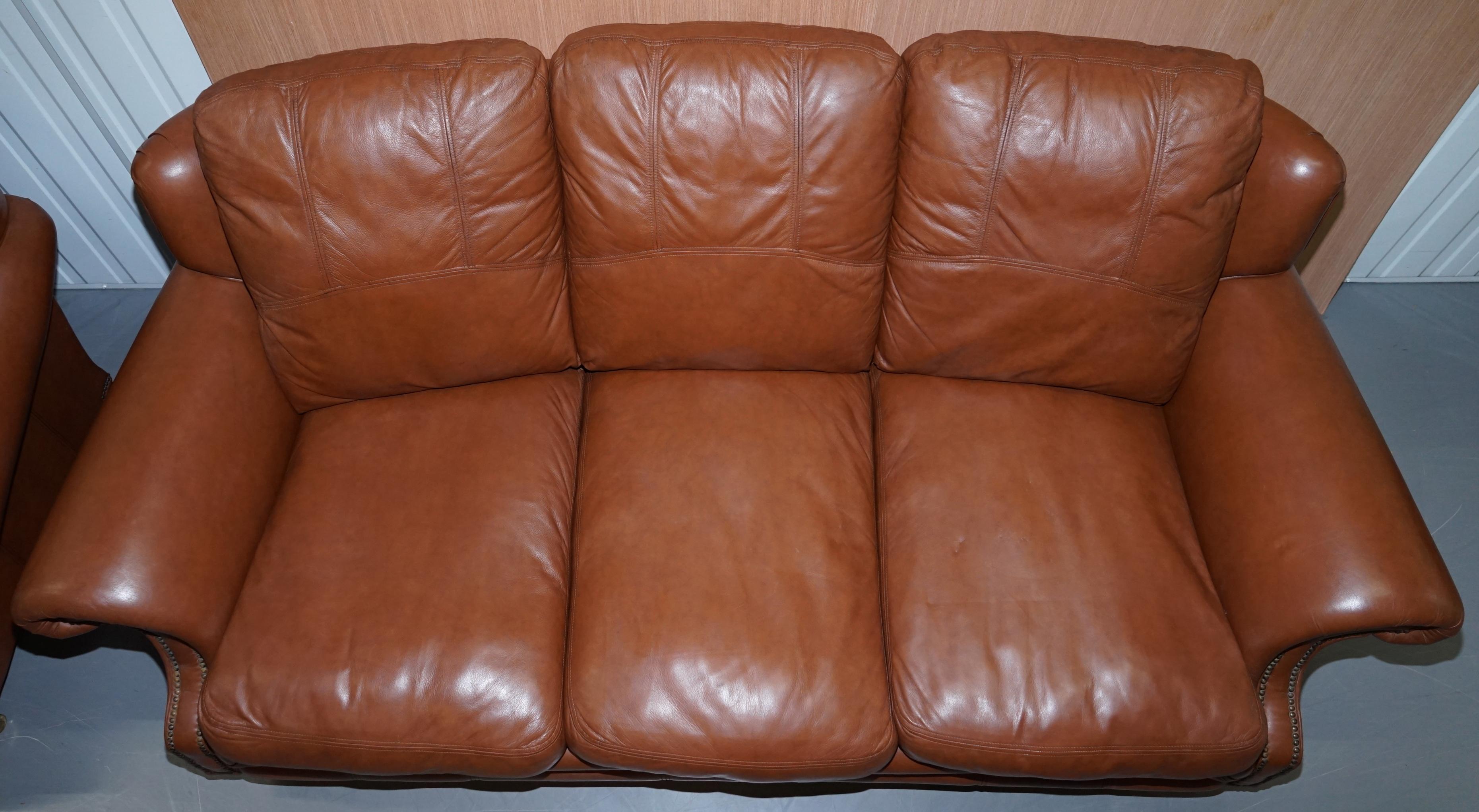 Medallion Upholstery Brown Leather Three-Seat Sofa Part of Large Suite 1