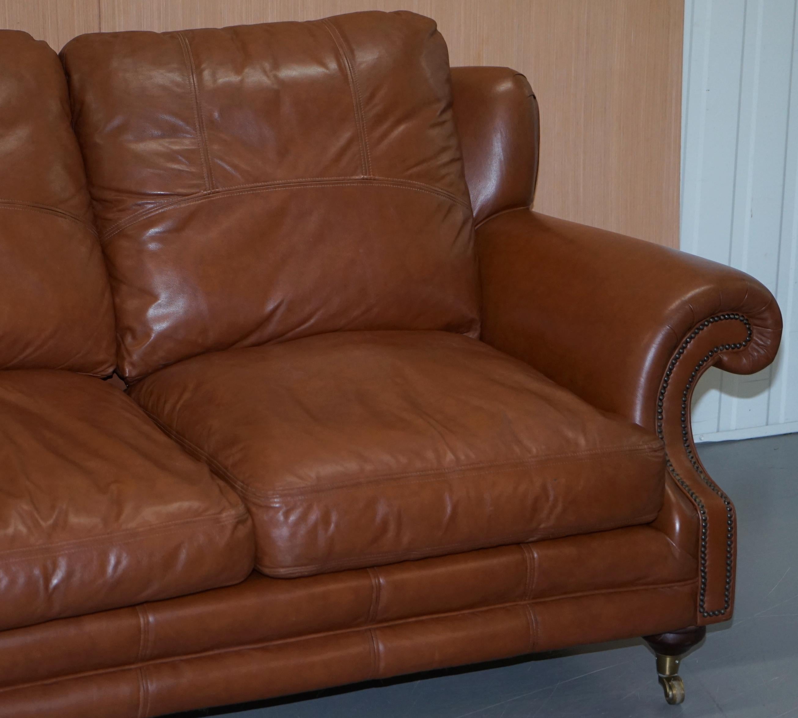 English Medallion Upholstery Brown Leather Two-Seat Sofa Part of Large Suite