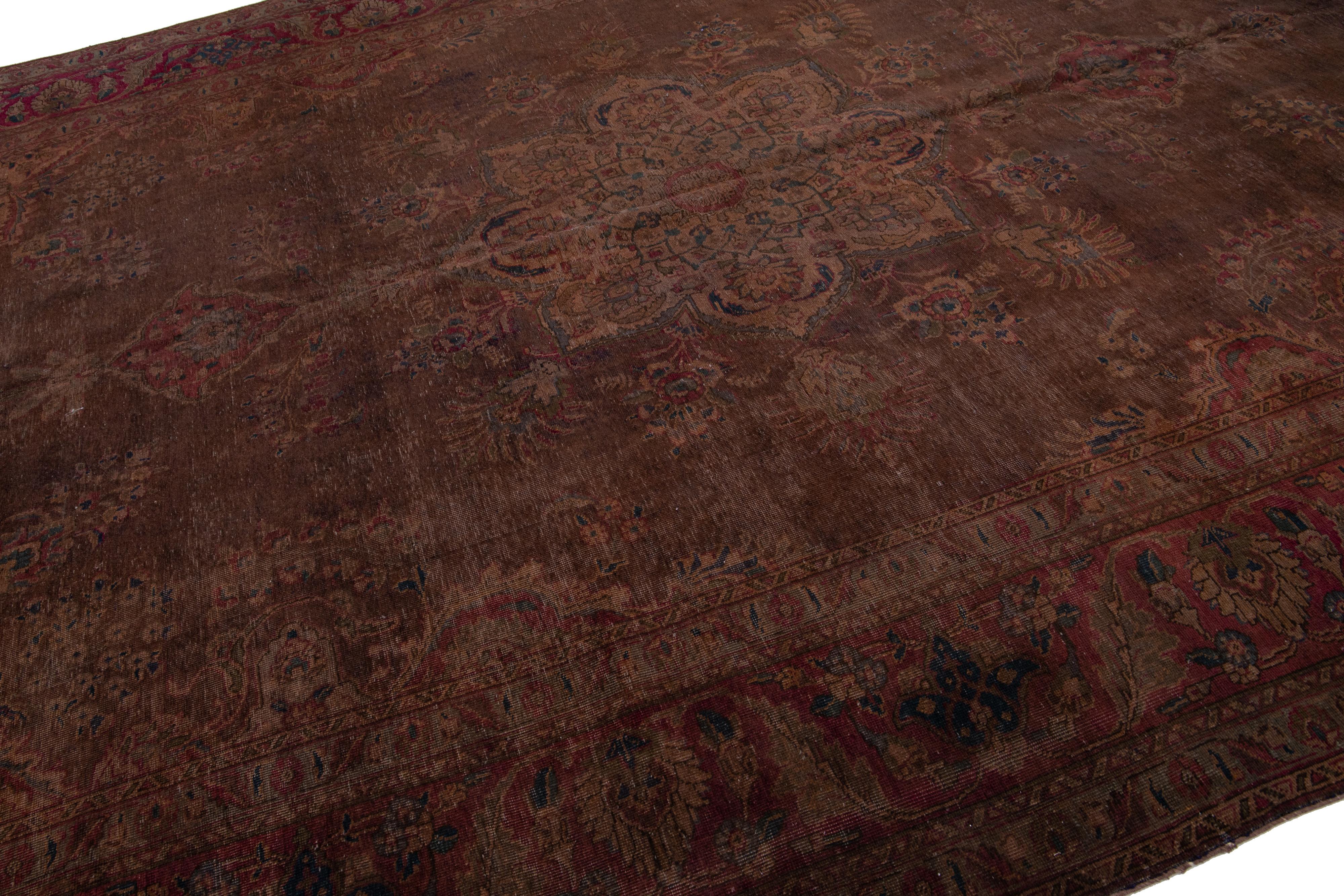 Islamic Medallion Vintage Overdyed Wool Rug Handmade in Brown For Sale