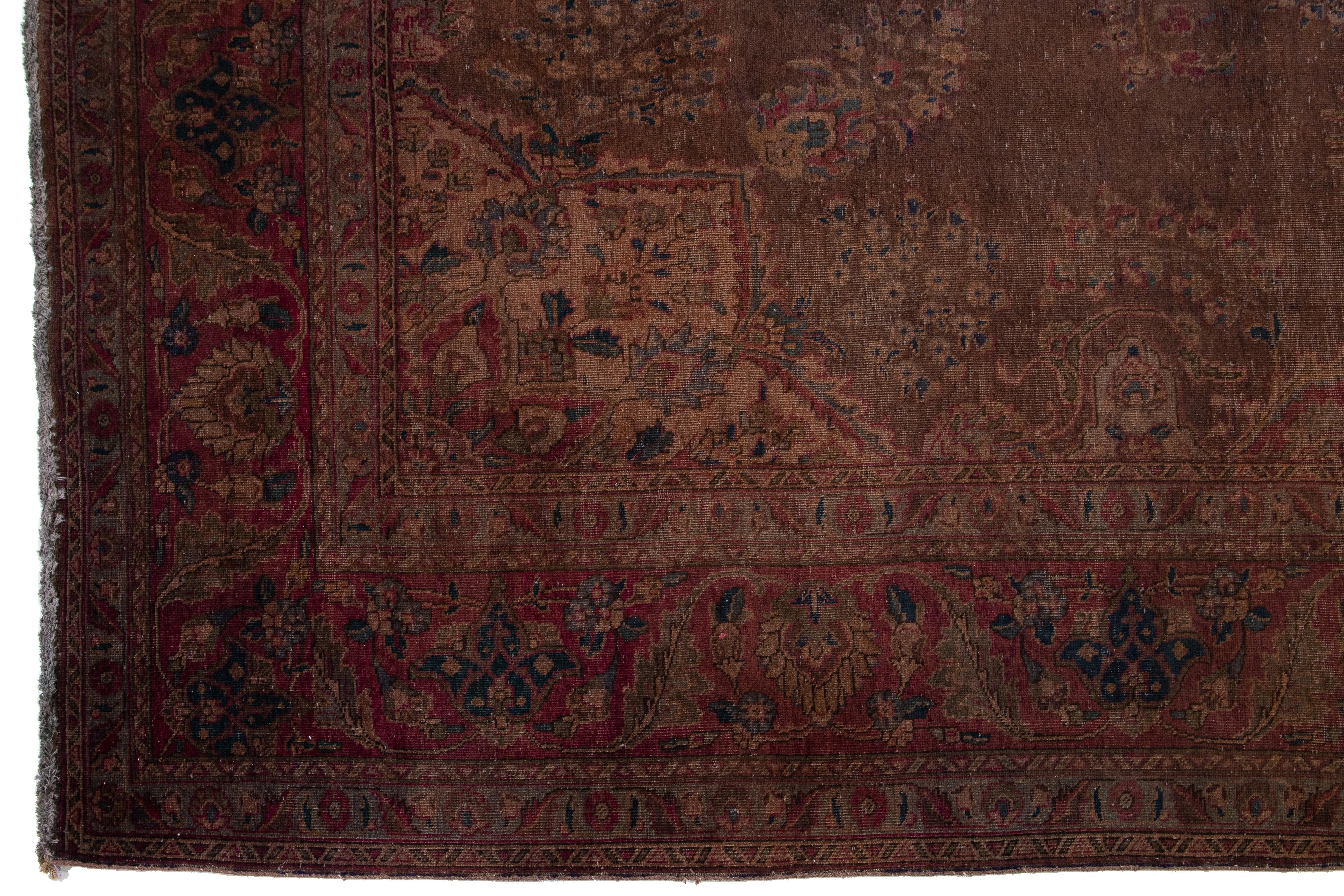 Hand-Knotted Medallion Vintage Overdyed Wool Rug Handmade in Brown For Sale