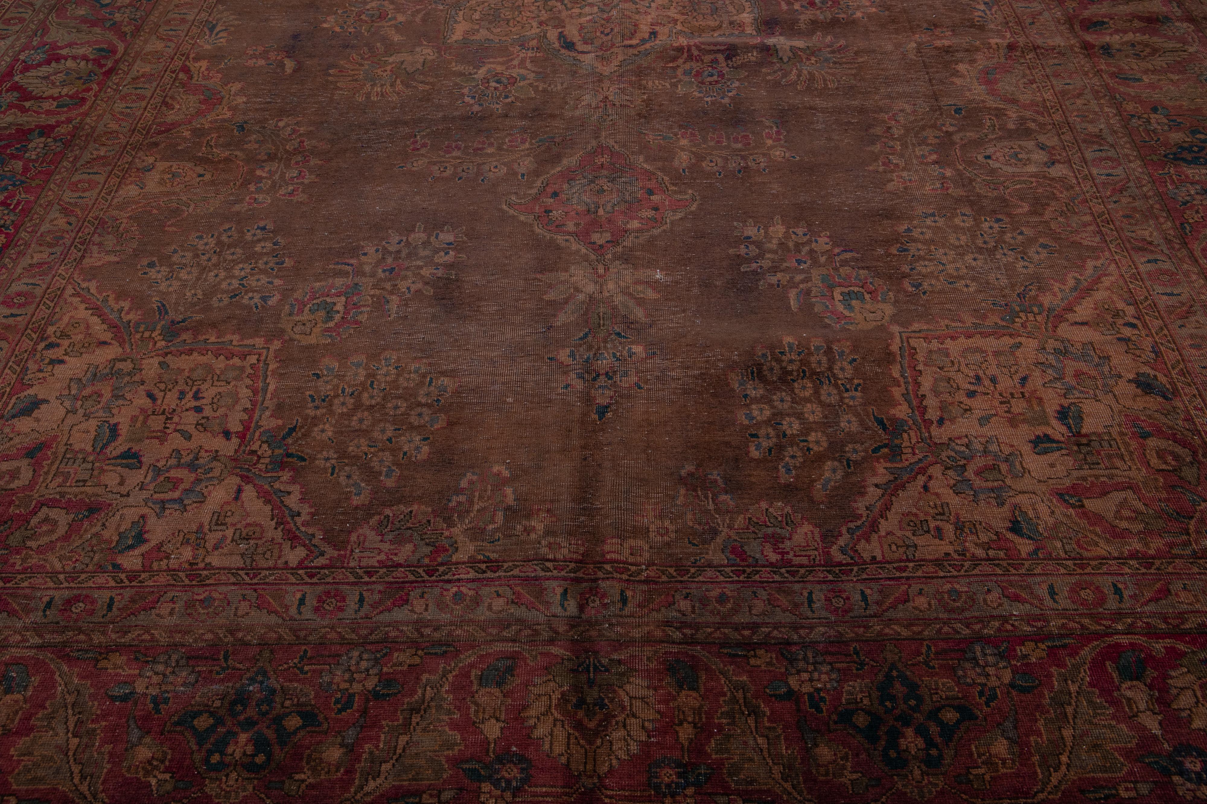 Medallion Vintage Overdyed Wool Rug Handmade in Brown In Fair Condition For Sale In Norwalk, CT