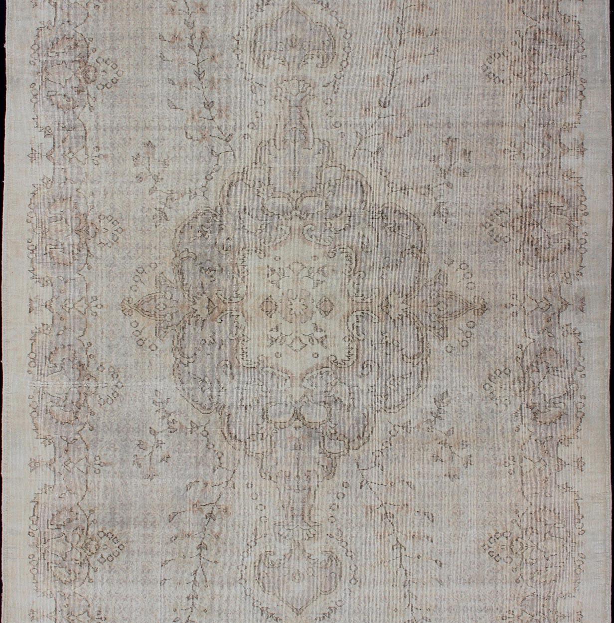 Hand-Knotted Medallion Vintage Turkish Distressed Rug in Sand, Cream, Lavender, Taupe For Sale