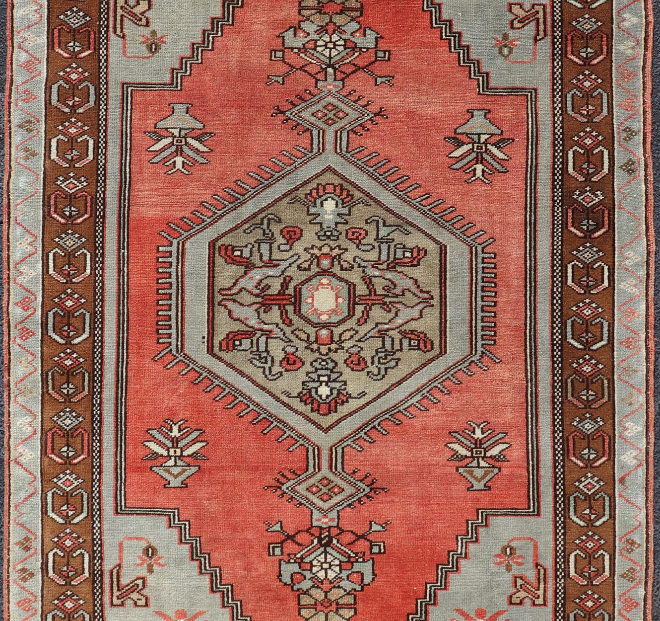 Hand-Knotted Medallion Vintage Turkish Oushak in Soft Red, Charcoal, Gray and Brown For Sale