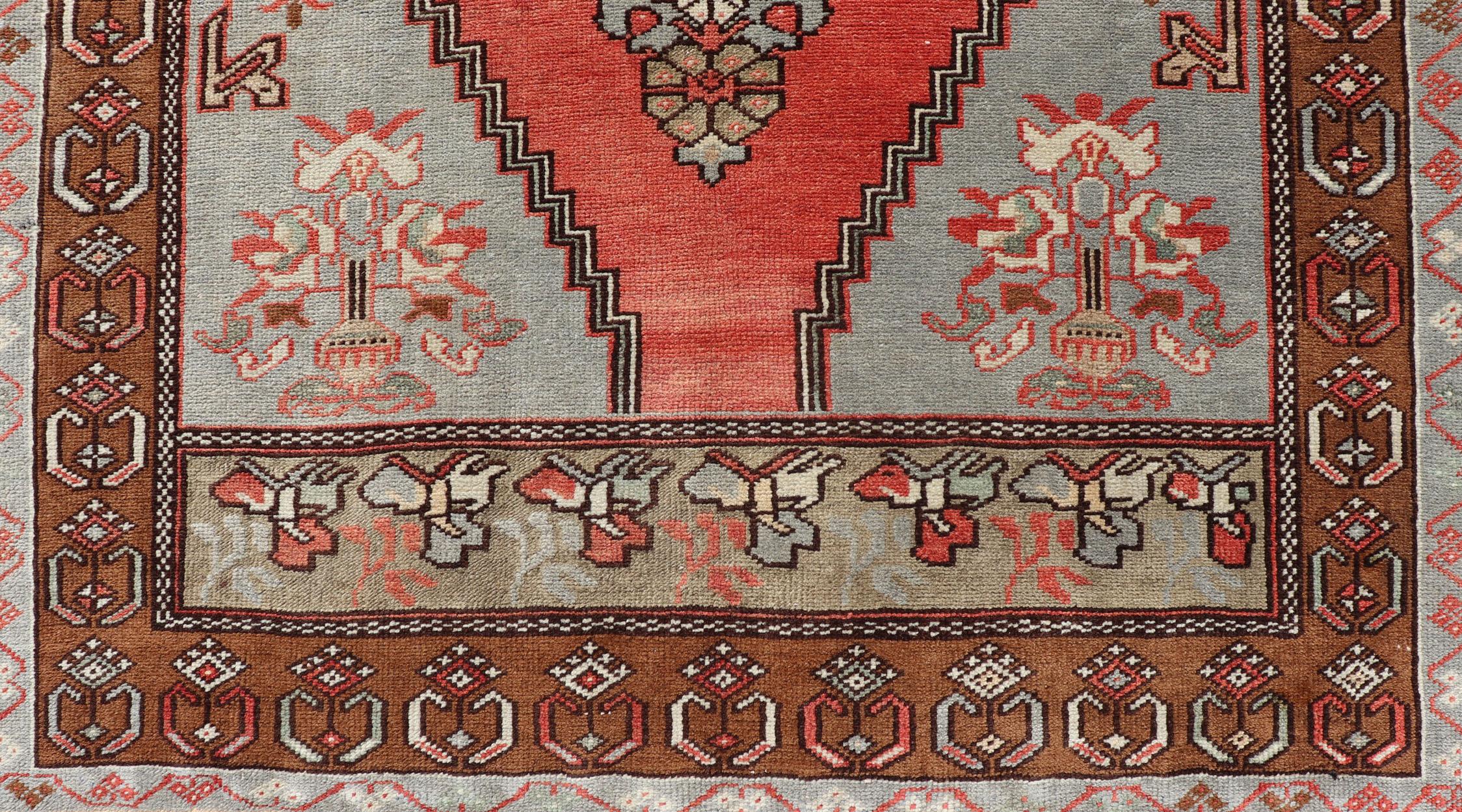 20th Century Medallion Vintage Turkish Oushak in Soft Red, Charcoal, Gray and Brown For Sale