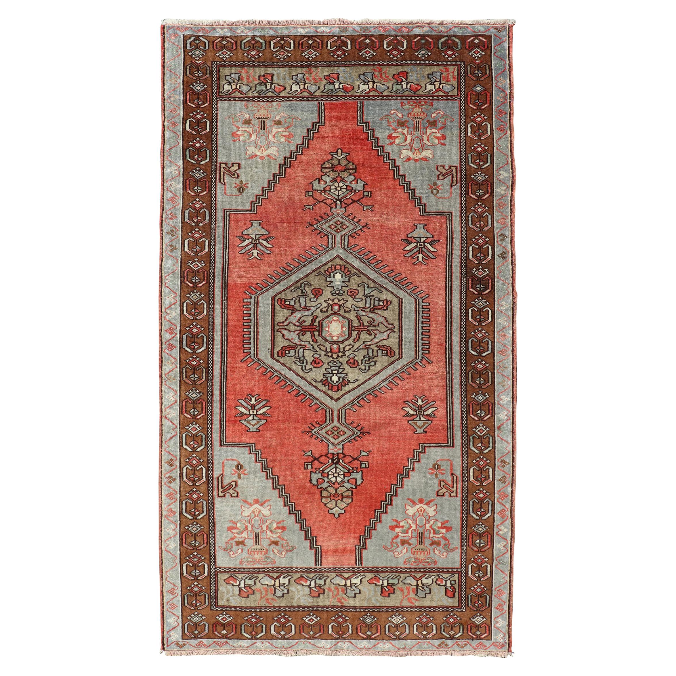 Medallion Vintage Turkish Oushak in Soft Red, Charcoal, Gray and Brown