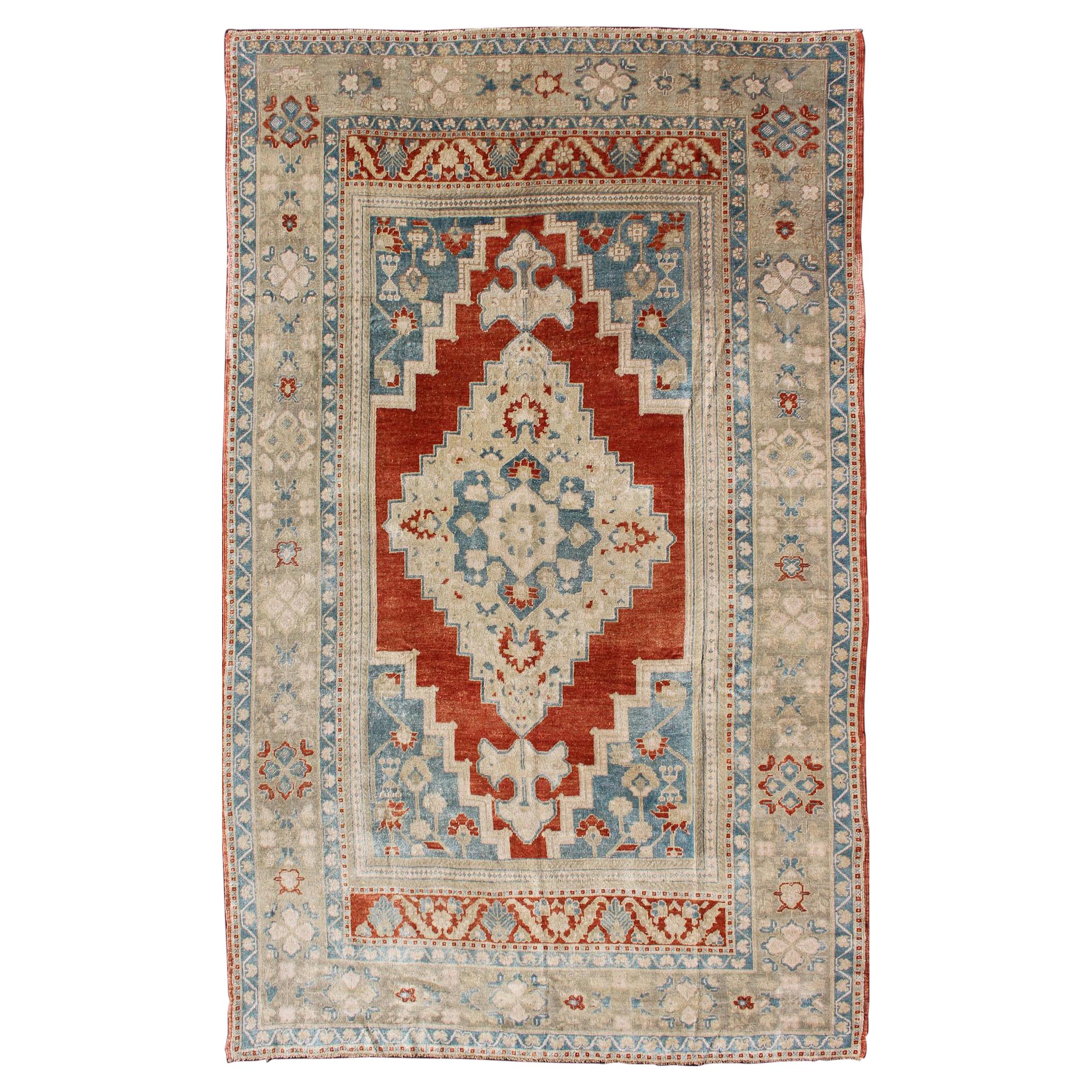 Medallion Vintage Turkish Oushak Turkish in Mid-Century Modern Red, Lt Blue For Sale