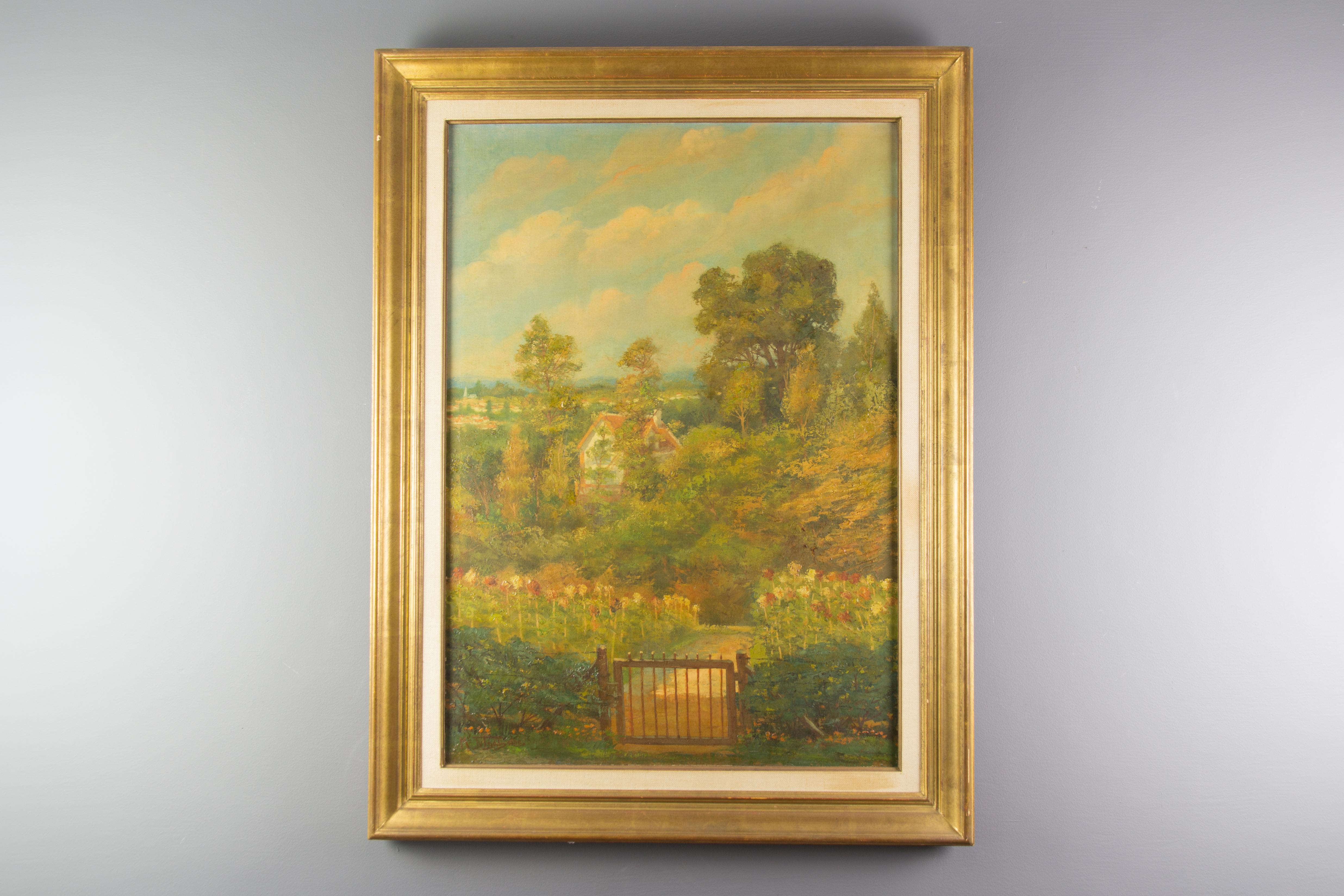 A painting of a garden landscape, oil on canvas signed left below 'M. Tytgat Aine'.
Médard Tytgat (8 February 1871, Bruges – 11 January 1948, Brussels), a Belgian painter, lithographer, book illustrator, and poster artist.
Dimensions canvas: 65 cm x