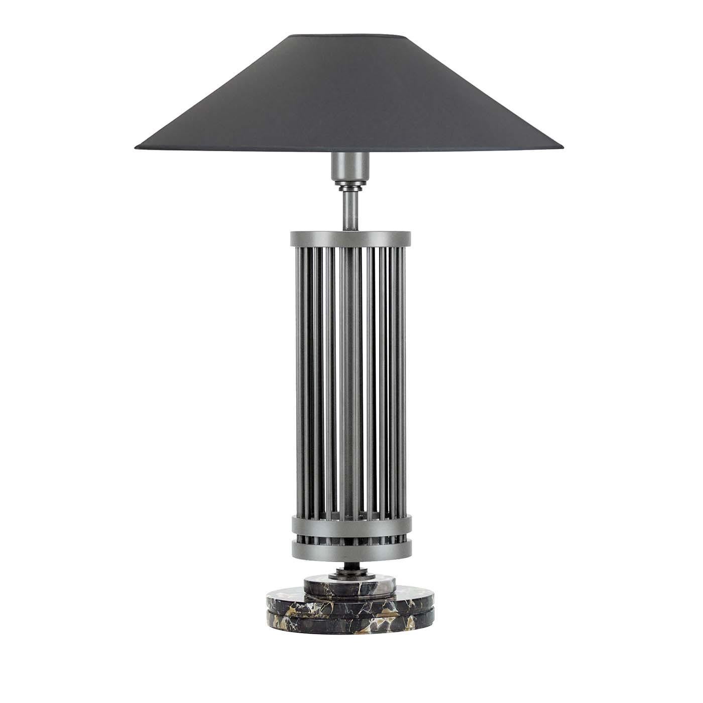 A stunning focal point in any interior, this refined table lamp has a distinctive timeless style. The pagoda-shaped shade in dark gray silk complements the column-style structure composed of a series of vertical steel rods positioned between two