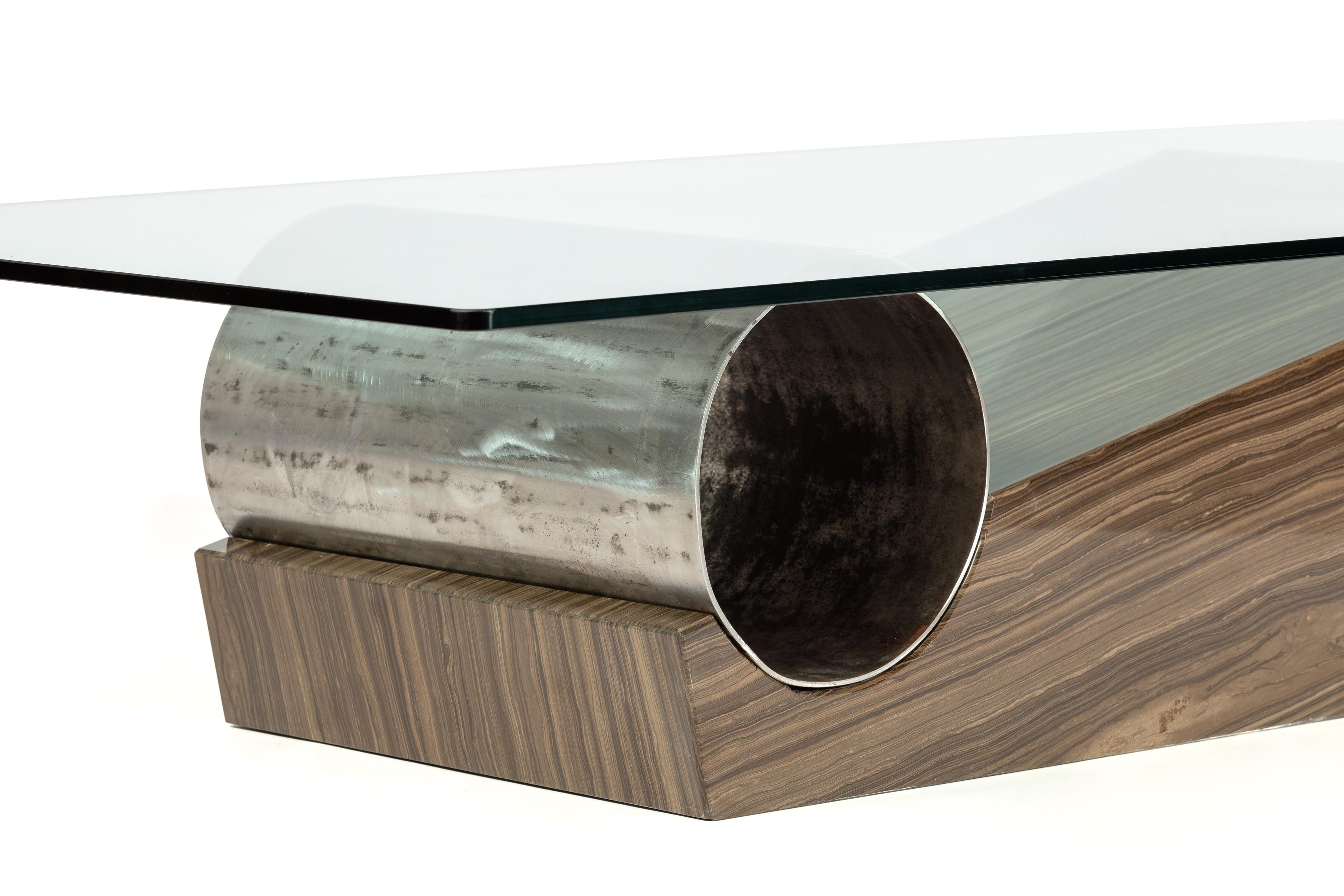 Brushed Medes Marble Design Coffee Table Polished Iron & Crystal Joaquín Moll in Stock For Sale