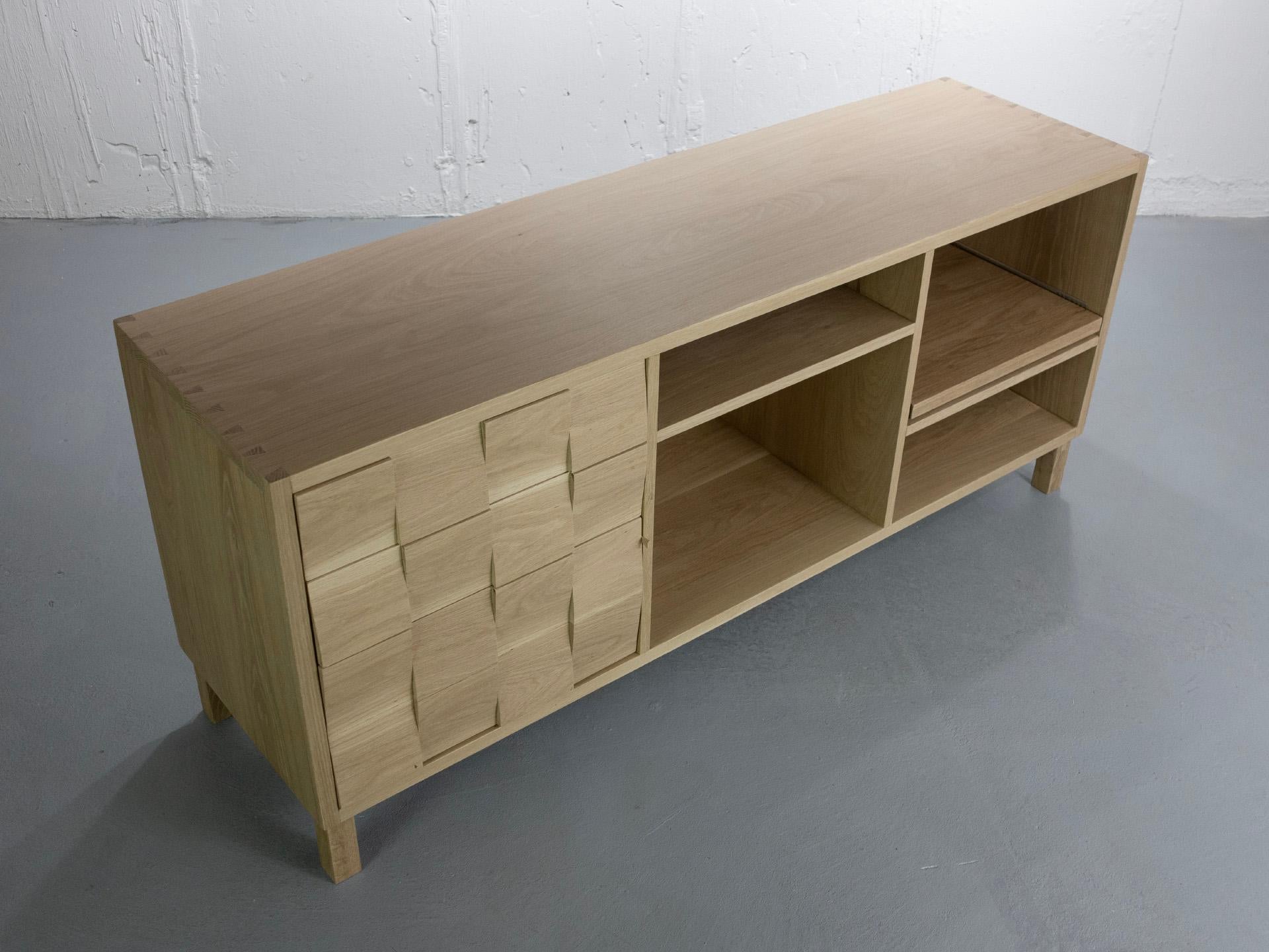 American MEDIA CREDENZA in white oak featuring a push to open turntable shelf. For Sale