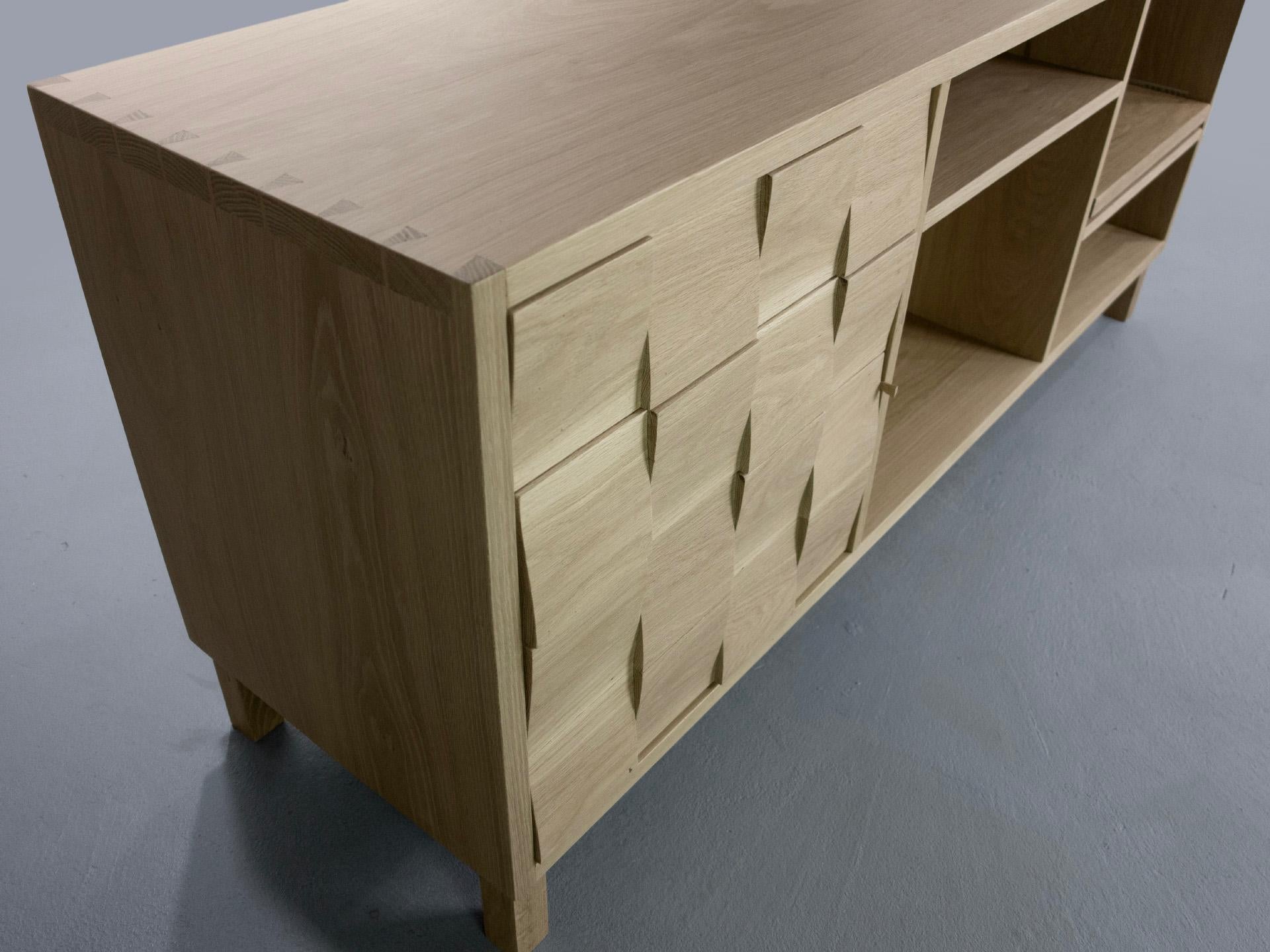 MEDIA CREDENZA in white oak featuring a push to open turntable shelf. In New Condition For Sale In East Hampton, NY