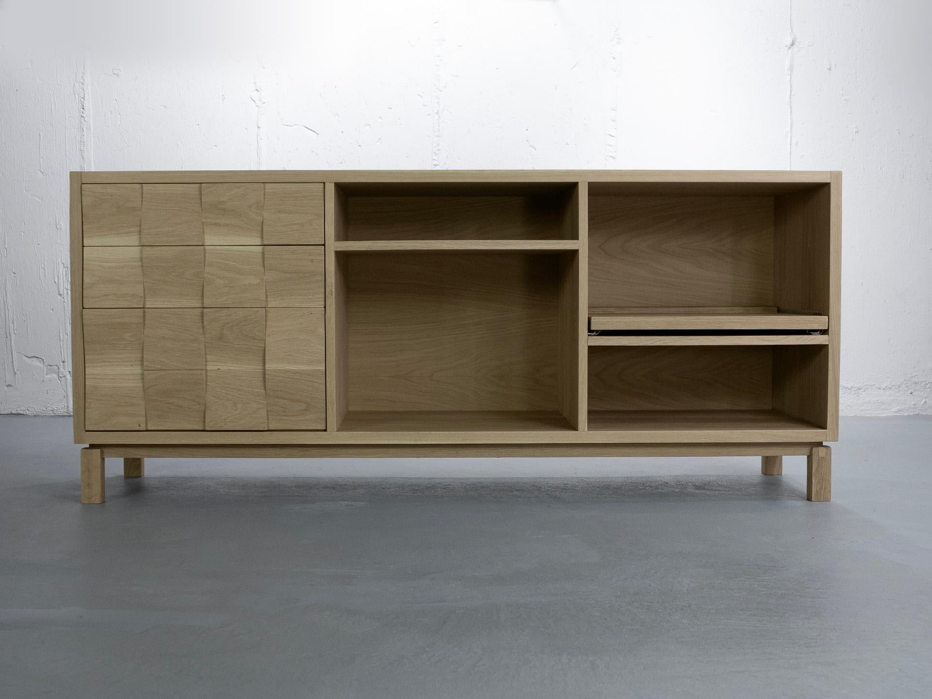 Oak MEDIA CREDENZA in white oak featuring a push to open turntable shelf. For Sale