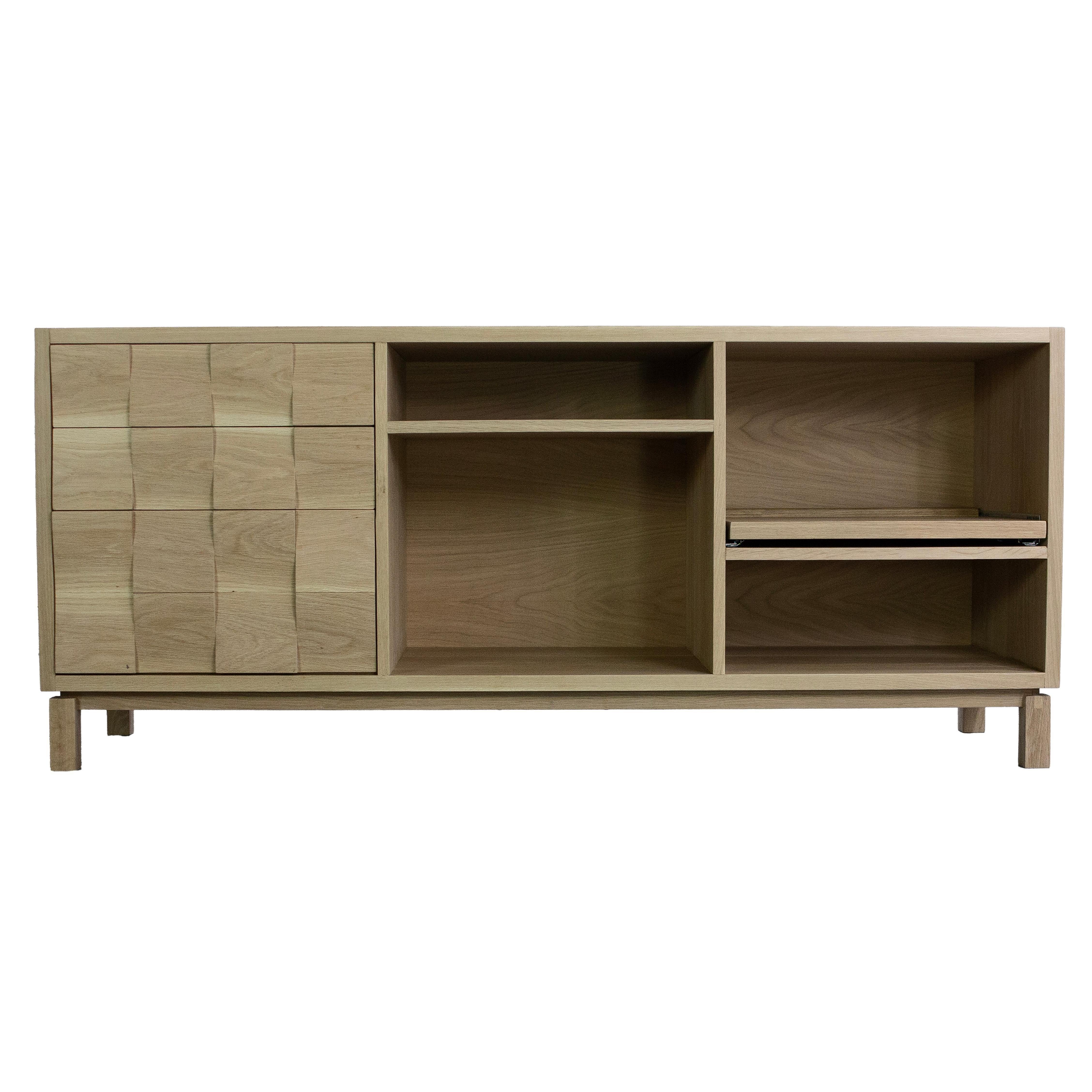 MEDIA CREDENZA in white oak featuring a push to open turntable shelf. For Sale