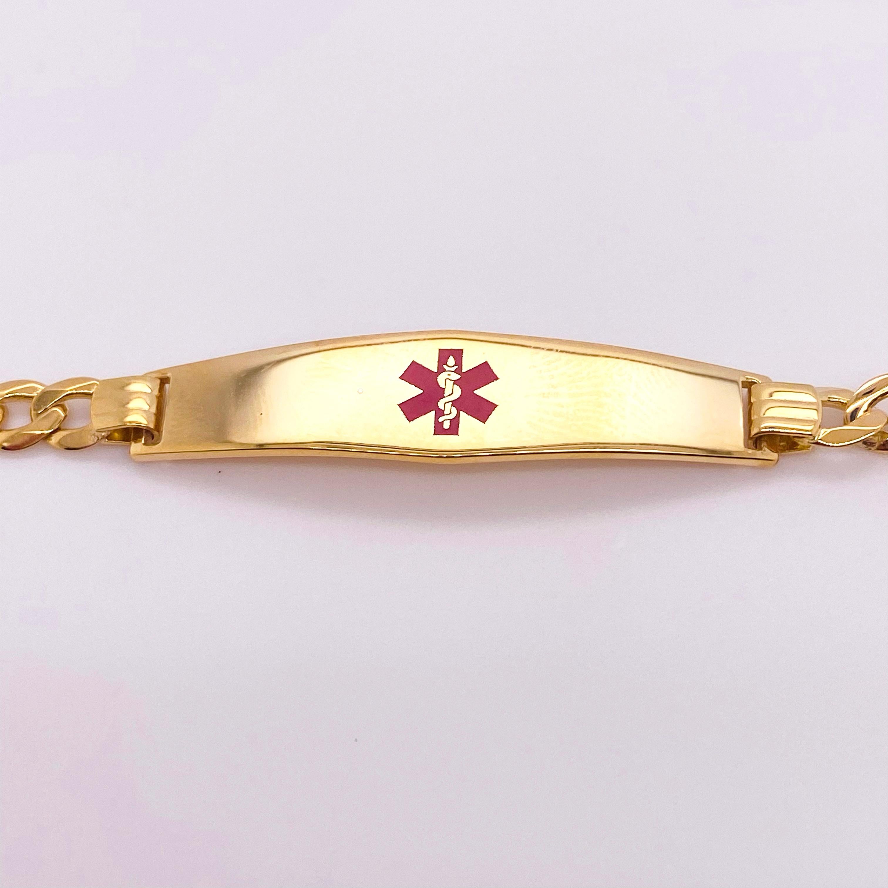 Moderne Bracelet alerte médicale en or jaune 14 carats avec caducée médical en émail rouge en vente
