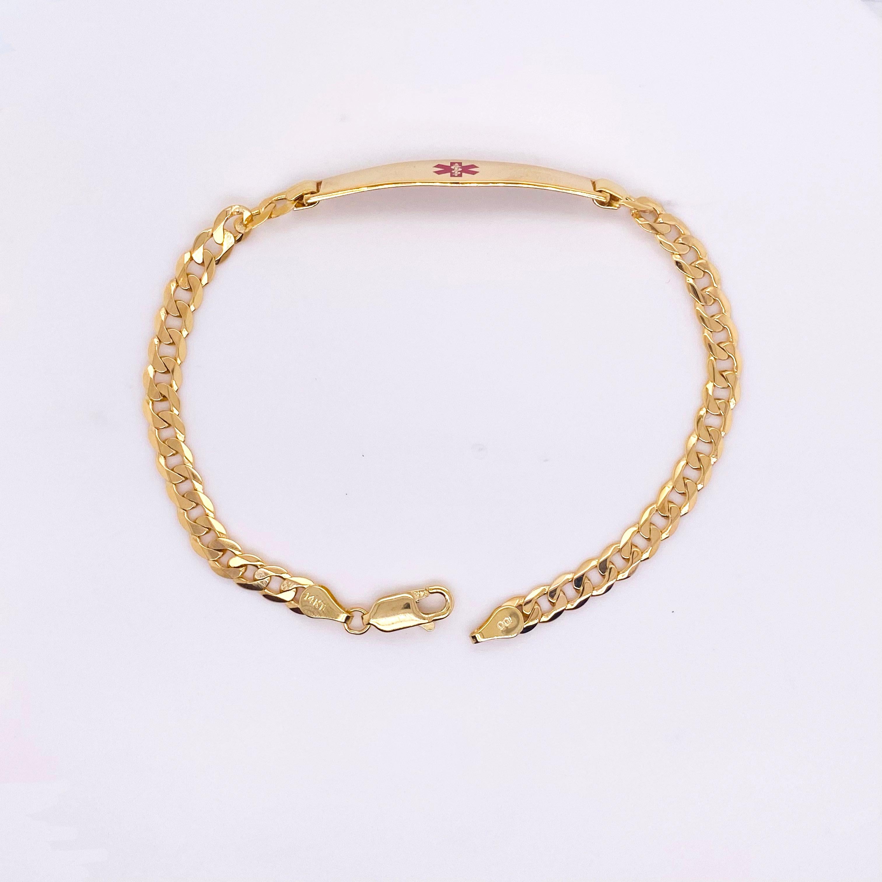 Bracelet alerte médicale en or jaune 14 carats avec caducée médical en émail rouge Pour femmes en vente