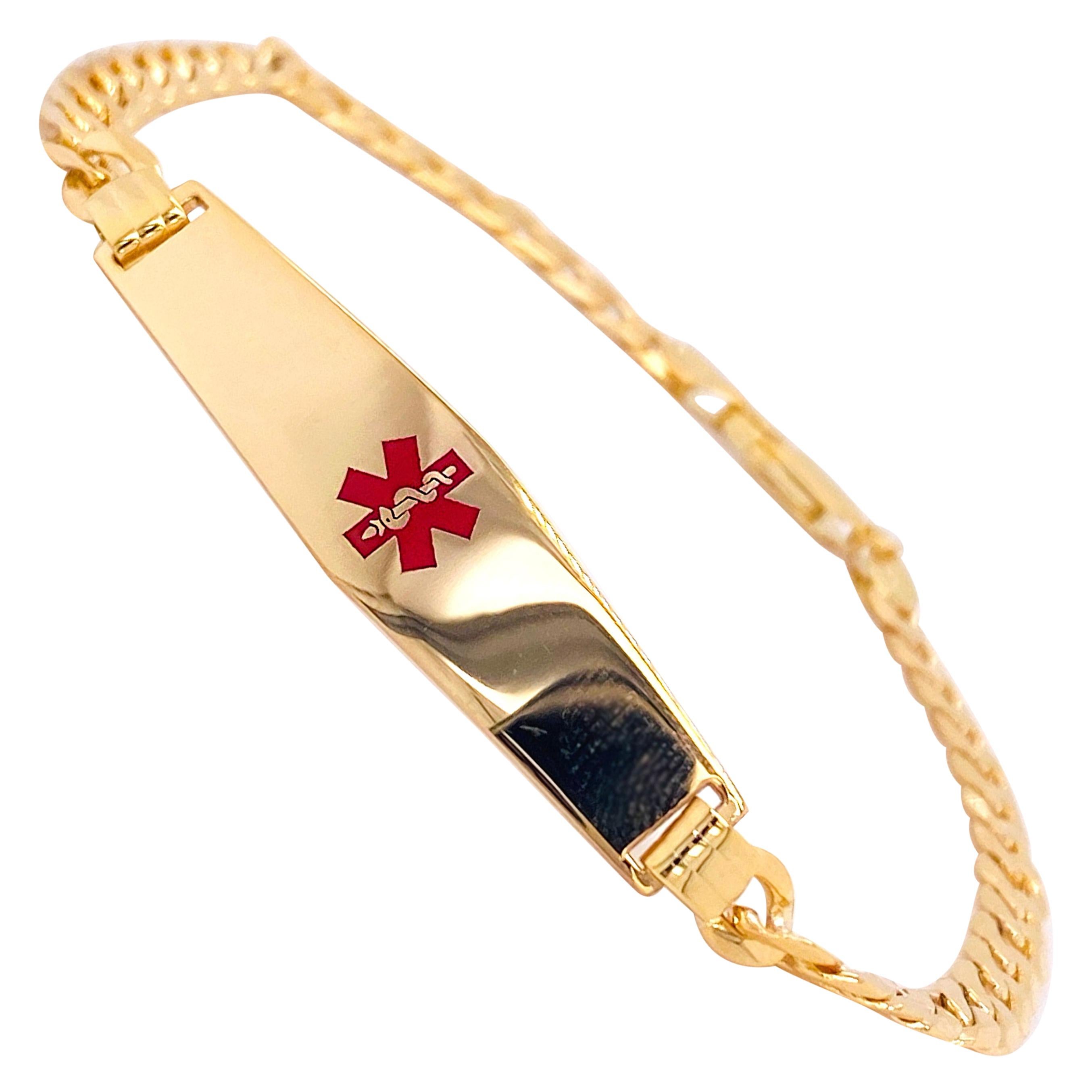 Medical Alert Bracelet 14K Yellow Gold Chain with Red Enamel Medical Caduceus For Sale