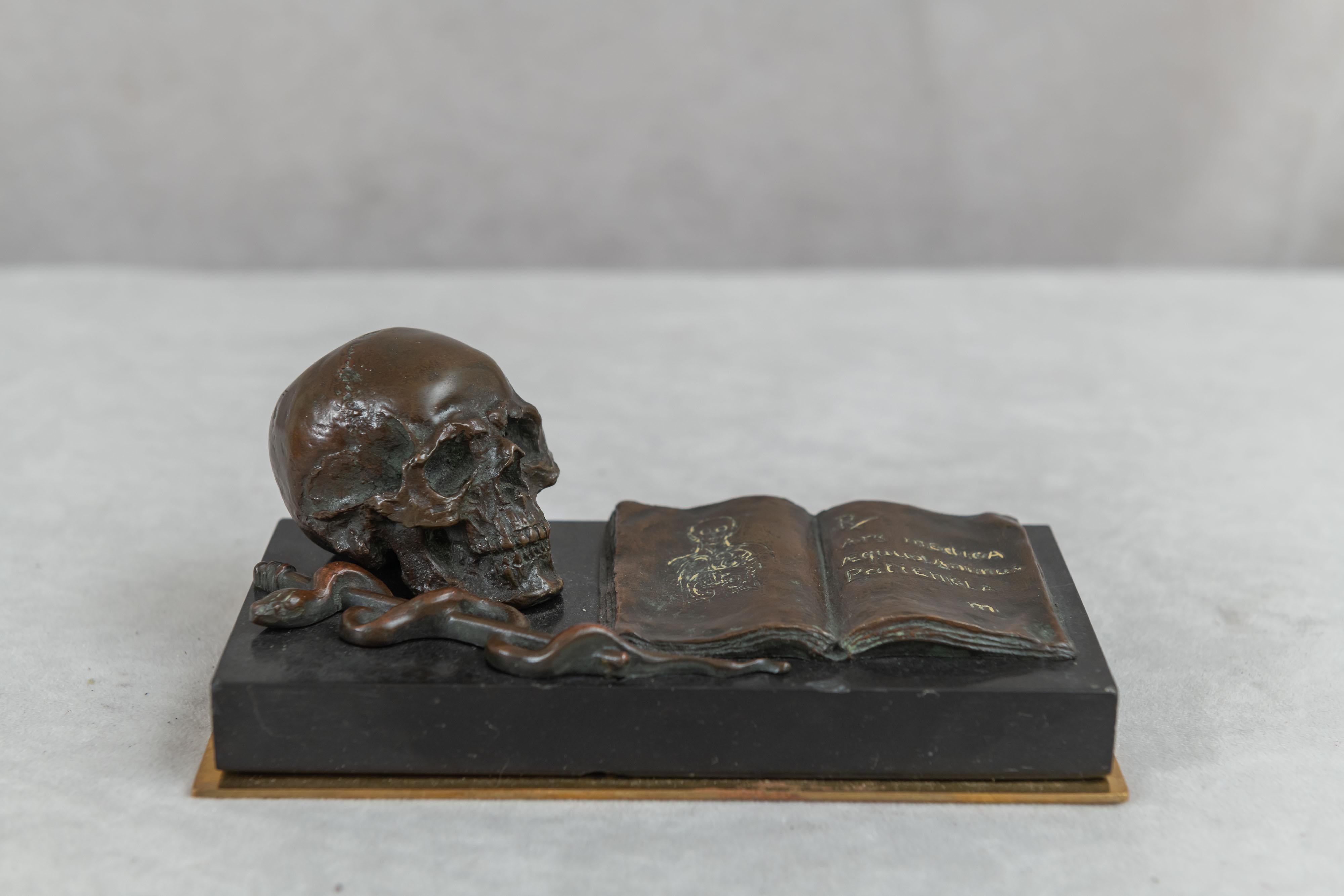 German Medical Themed Bronze Desk Item, Skull, Caduceus, and Medical Book ca. 1900