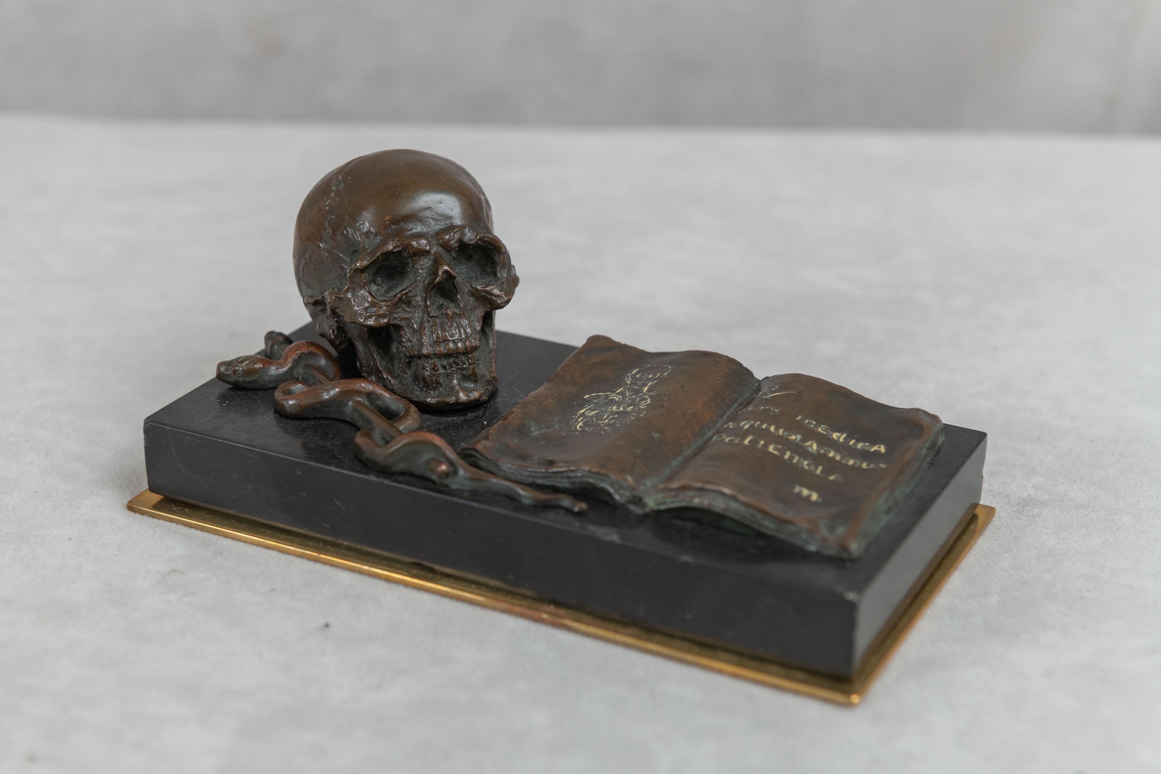 Hand-Crafted Medical Themed Bronze Desk Item, Skull, Caduceus, and Medical Book ca. 1900