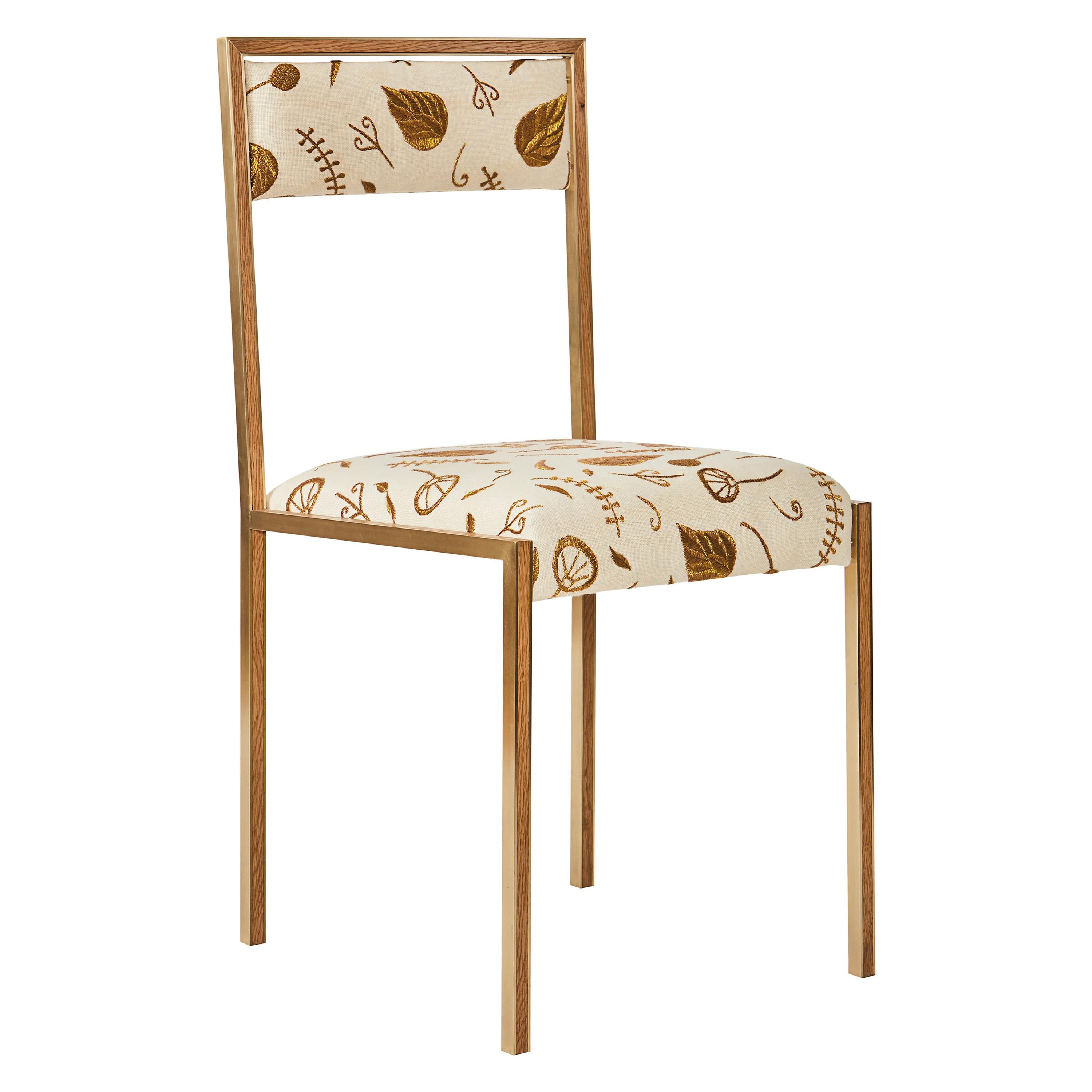 Gold (Brushed Brass) Medici Chair with Embroidered Woven Linen by Cam Crockford