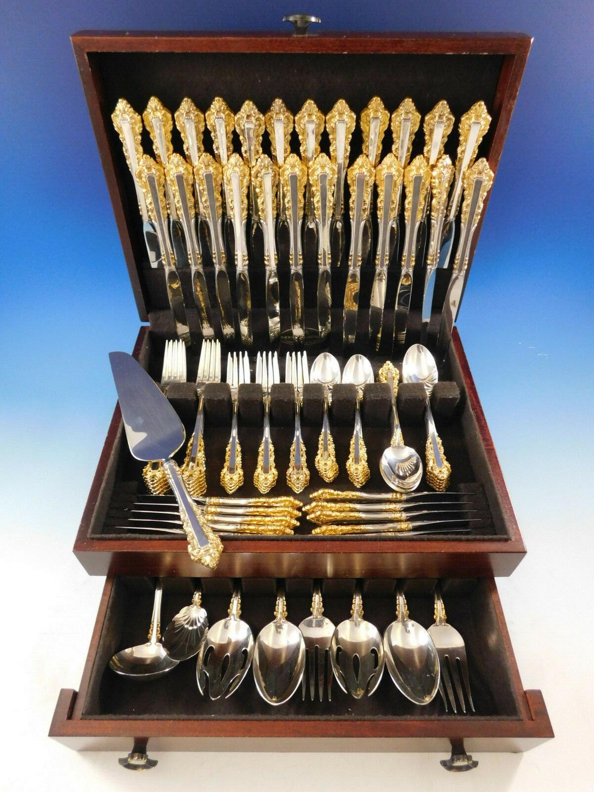 Golden Medici by Gorham sterling silver flatware set with gold accent, 93 pieces. This set includes:

12 knives, 9 1/8