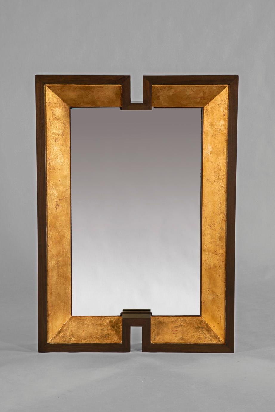 Solid walnut frame, the angled inside finished in burnished gold.
Custom sizes, finishes, materials available.
 
