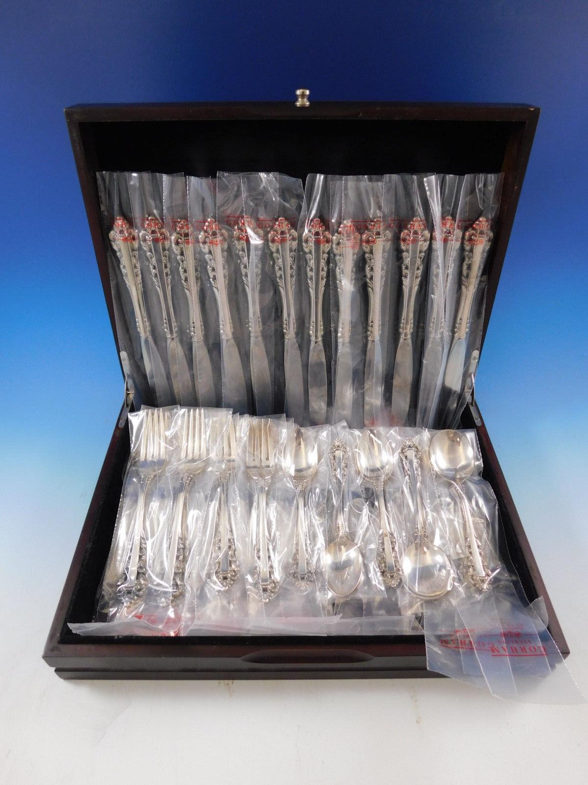 Unused Medici (1971) by Gorham sterling silver flatware set, new in factory sleeves - 60 pieces. This set includes:

12 place knives, 9 1/8