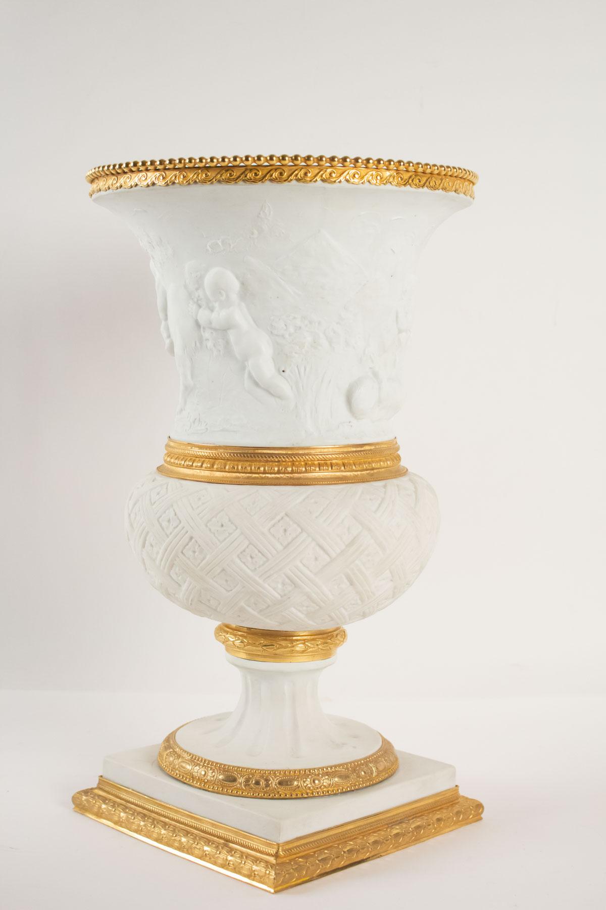 Medici Vase in Biscuit and Gilt Bronze, Early 20th Century Louis XVI Style 2