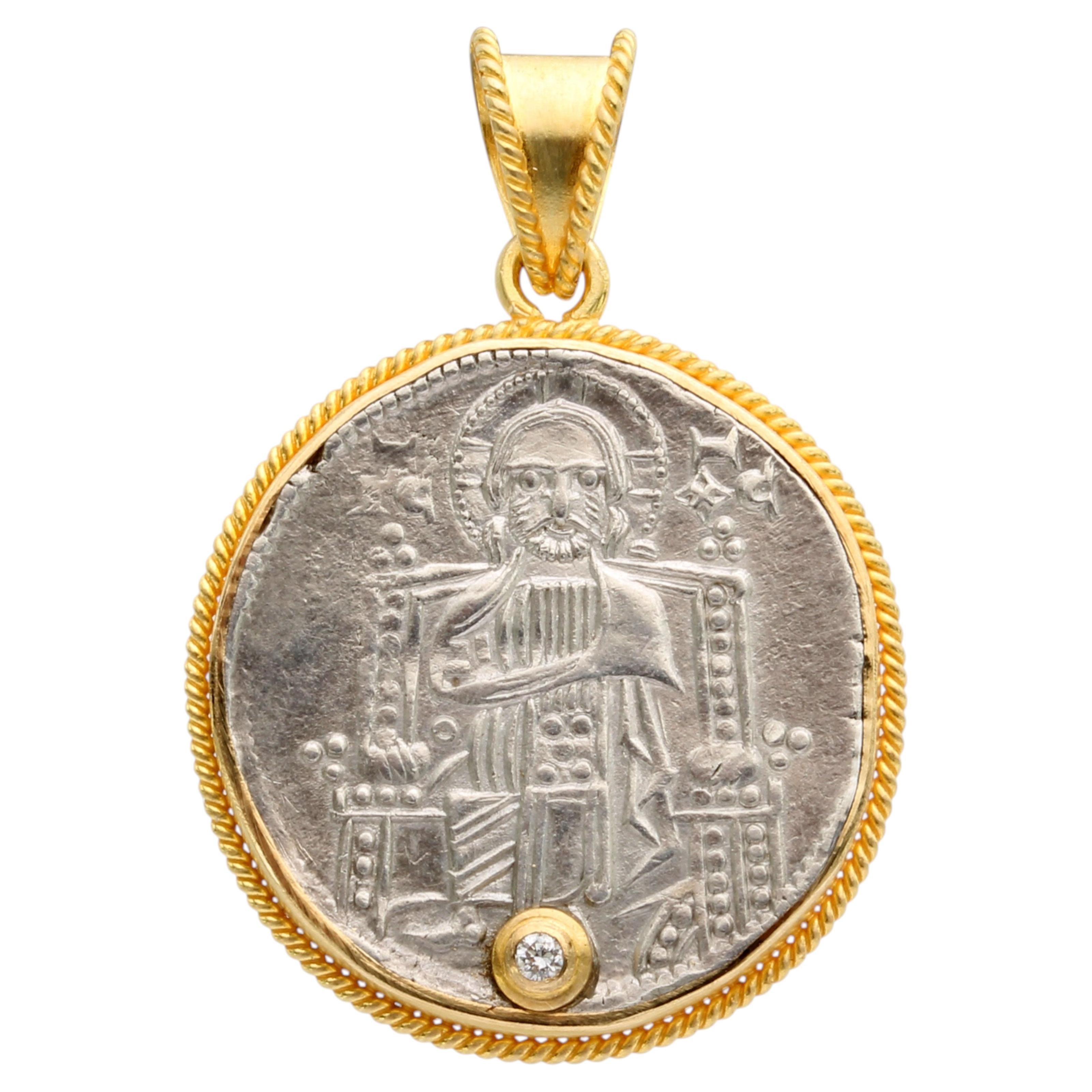 Medieval 12th Century Venice Silver Christ Coin Diamond 18K Gold Pendant For Sale