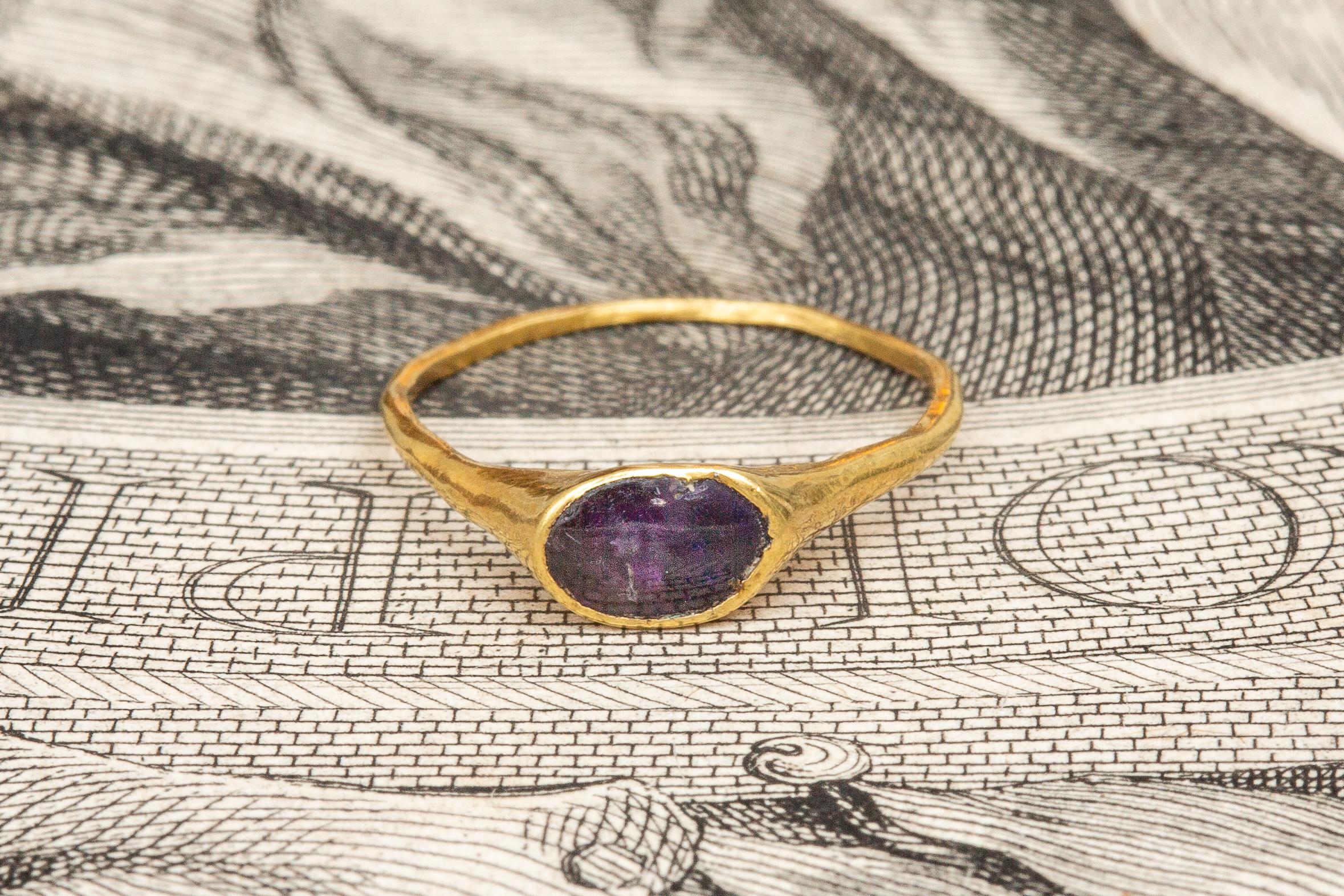 Women's or Men's Medieval 14th Century Amethyst Gold Stirrup Ring Amuletic Magical Small Ring