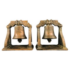 Medieval Antique Cast Bronze Mission Bell Sculpture Bookend, a Pair