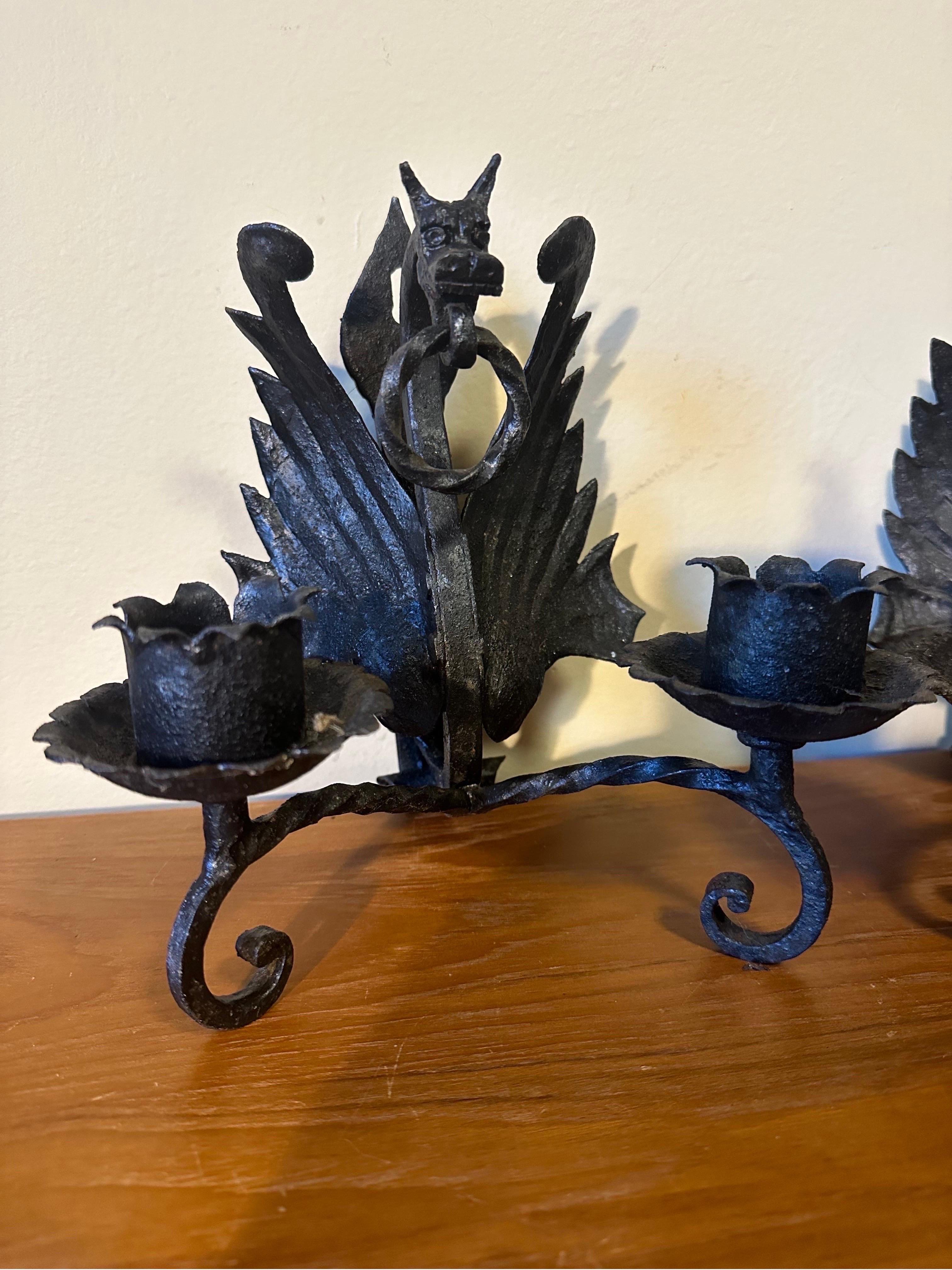 Baroque Medieval Antique winged dragon wrought iron sconces manner of Mazzucotelli For Sale