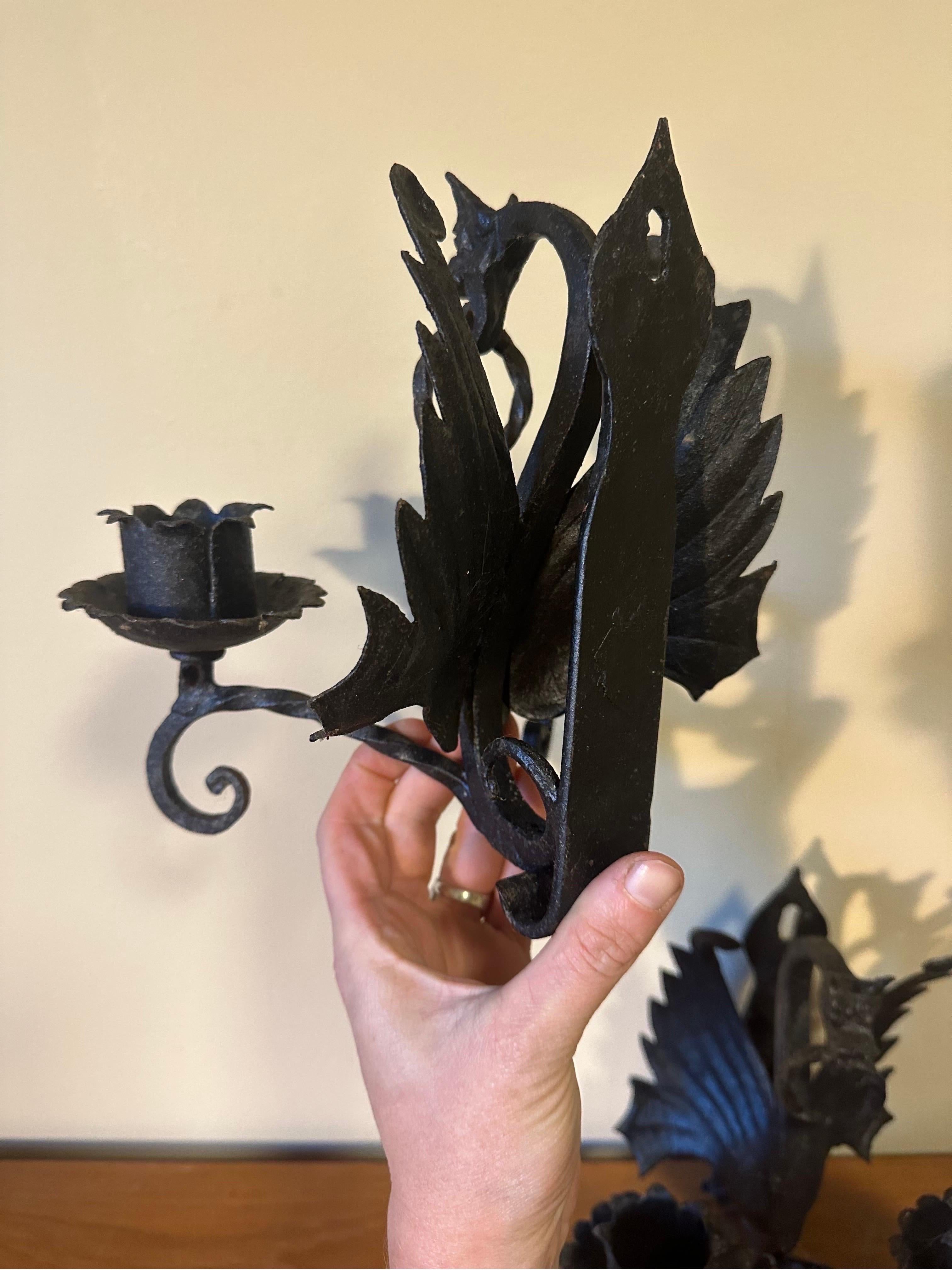 Italian Medieval Antique winged dragon wrought iron sconces manner of Mazzucotelli For Sale