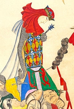 "Medieval Battle, " Brilliant Art Deco Painting w/ King and Knights, Red & Yellow