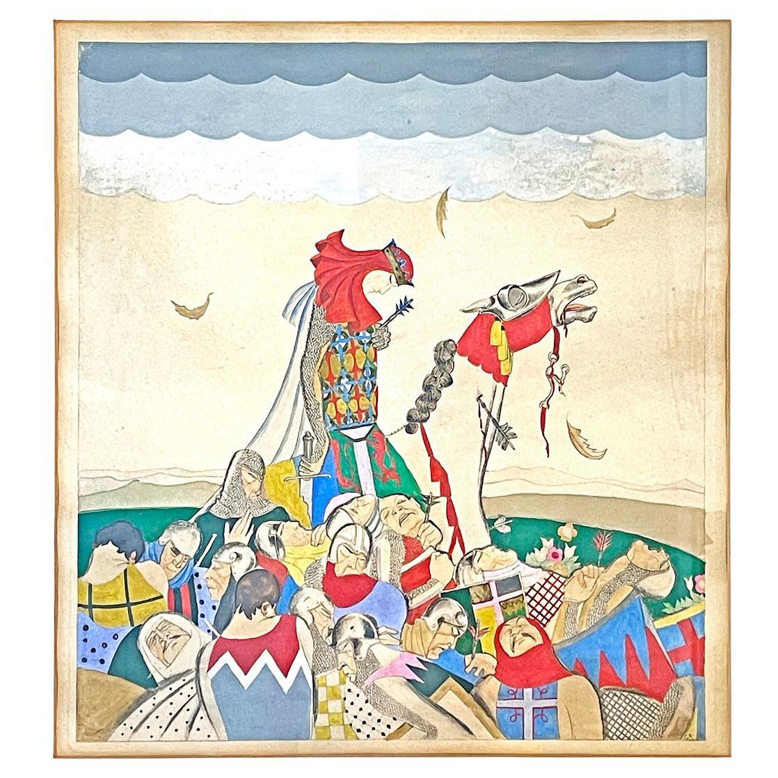 "Medieval Battle," Brilliant Art Deco Painting w/ King and Knights, Red & Yellow