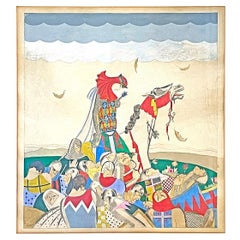 "Medieval Battle," Brilliant Art Deco Painting w/ King and Knights, Red & Yellow