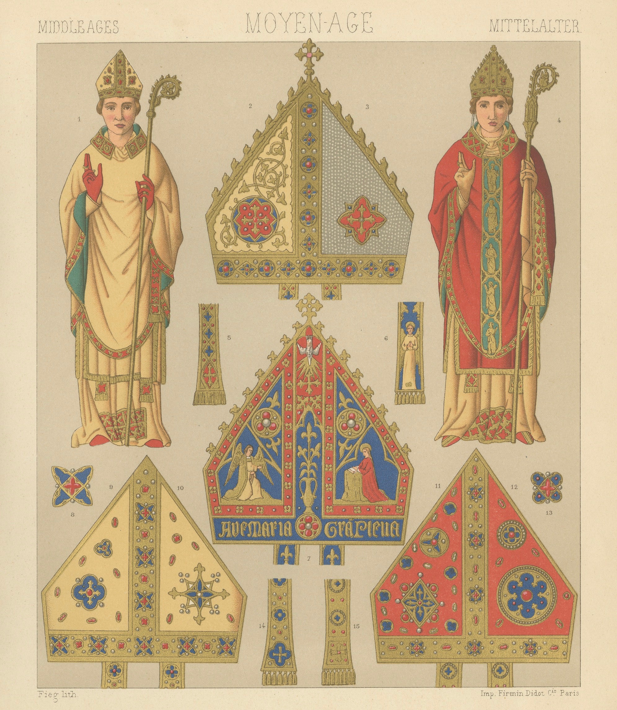 Medieval Bishop Vestments & Gothic Mitres by Racinet, 1888