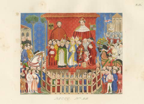 Medieval Coronation Ceremony, Hand-Colored Costume Plate by Paul Mercuri, 1845
