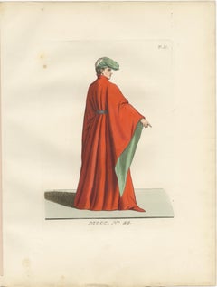Medieval Costume Figures, 3 Elegant Hand-Colored Antique Prints, France 1845