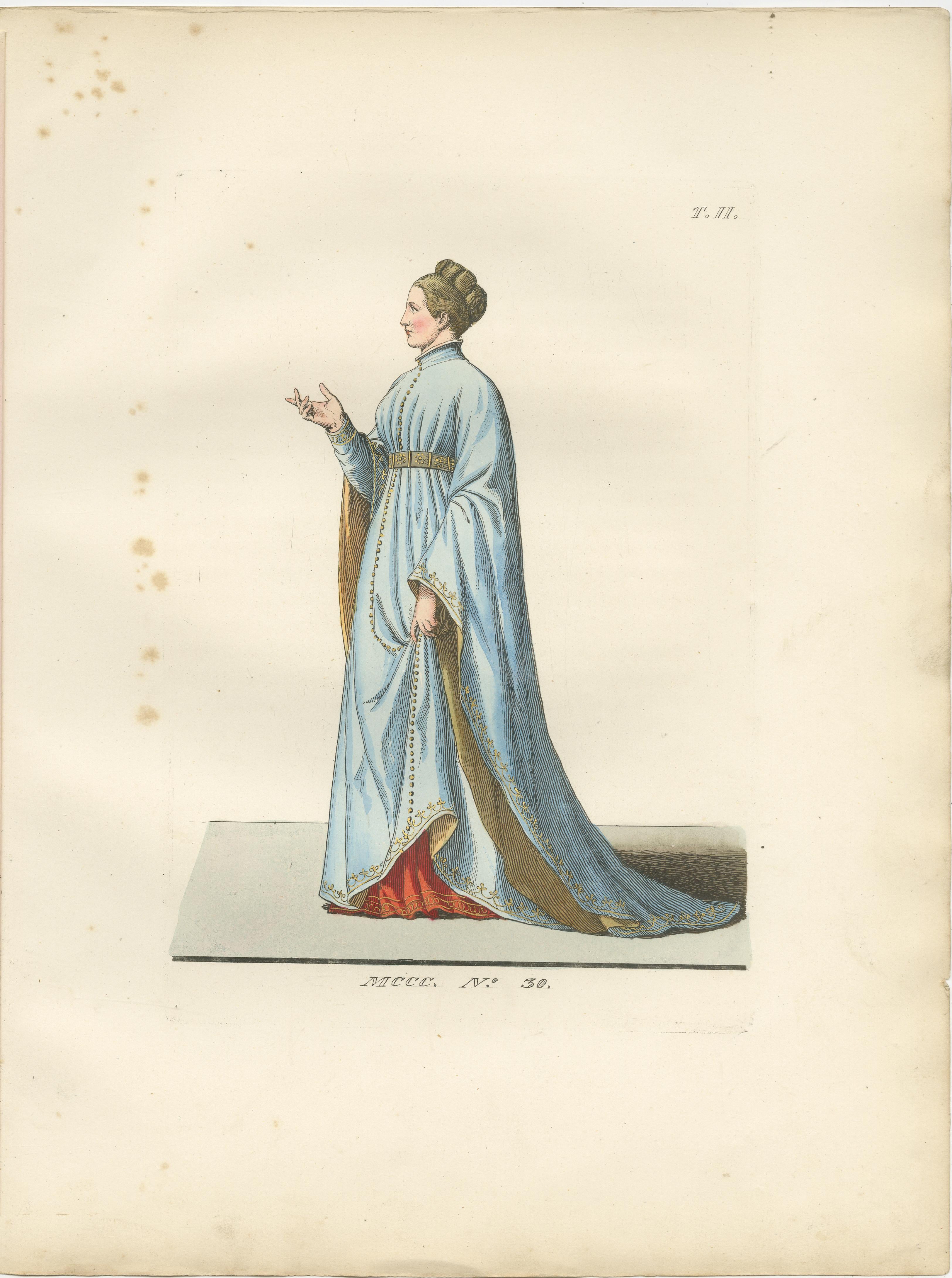 Medieval Costume Figures, 3 Elegant Hand-Colored Antique Prints, France 1845