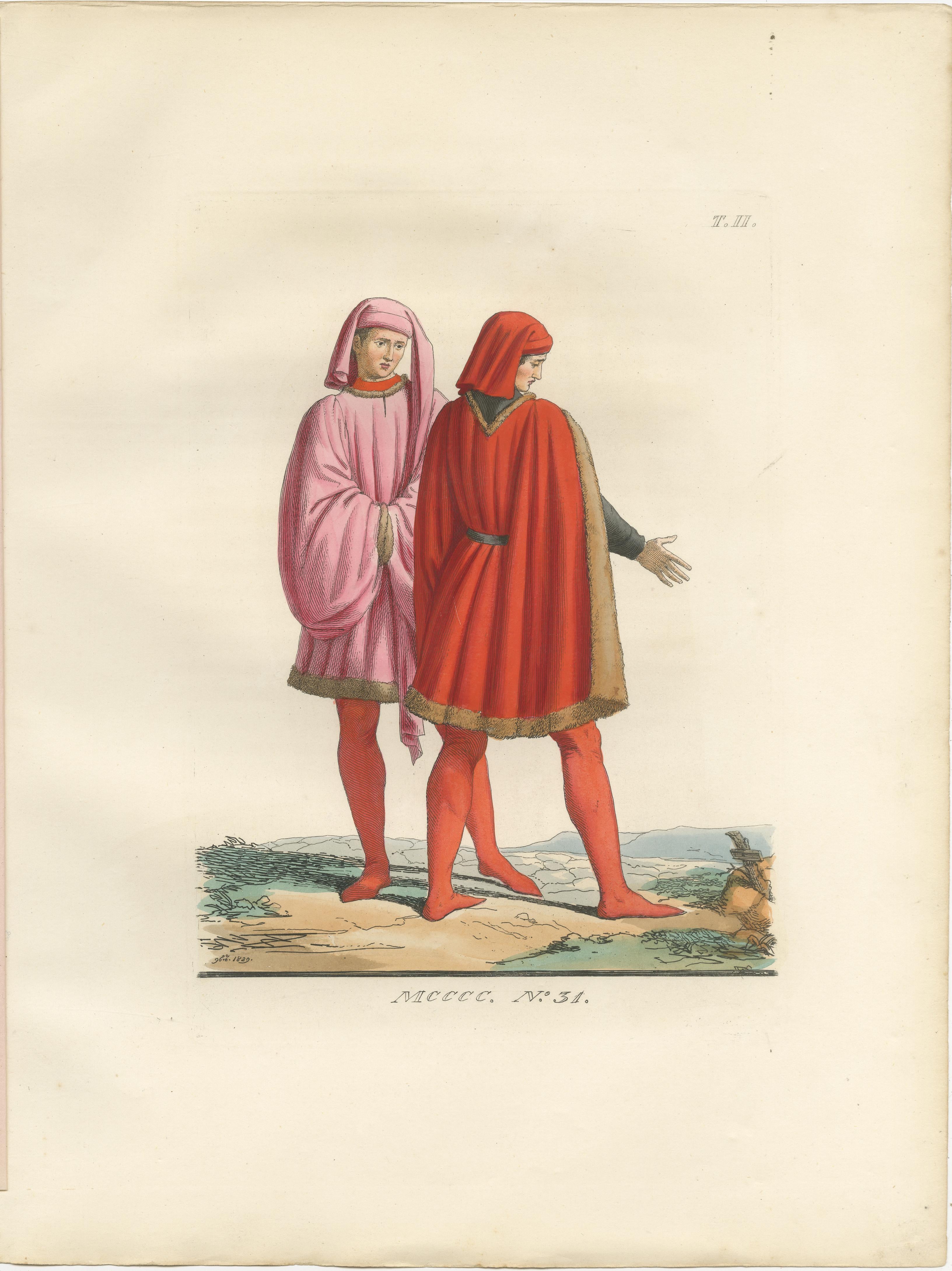 Medieval Costume Figures, 3 Elegant Hand-Colored Antique Prints, France 1845