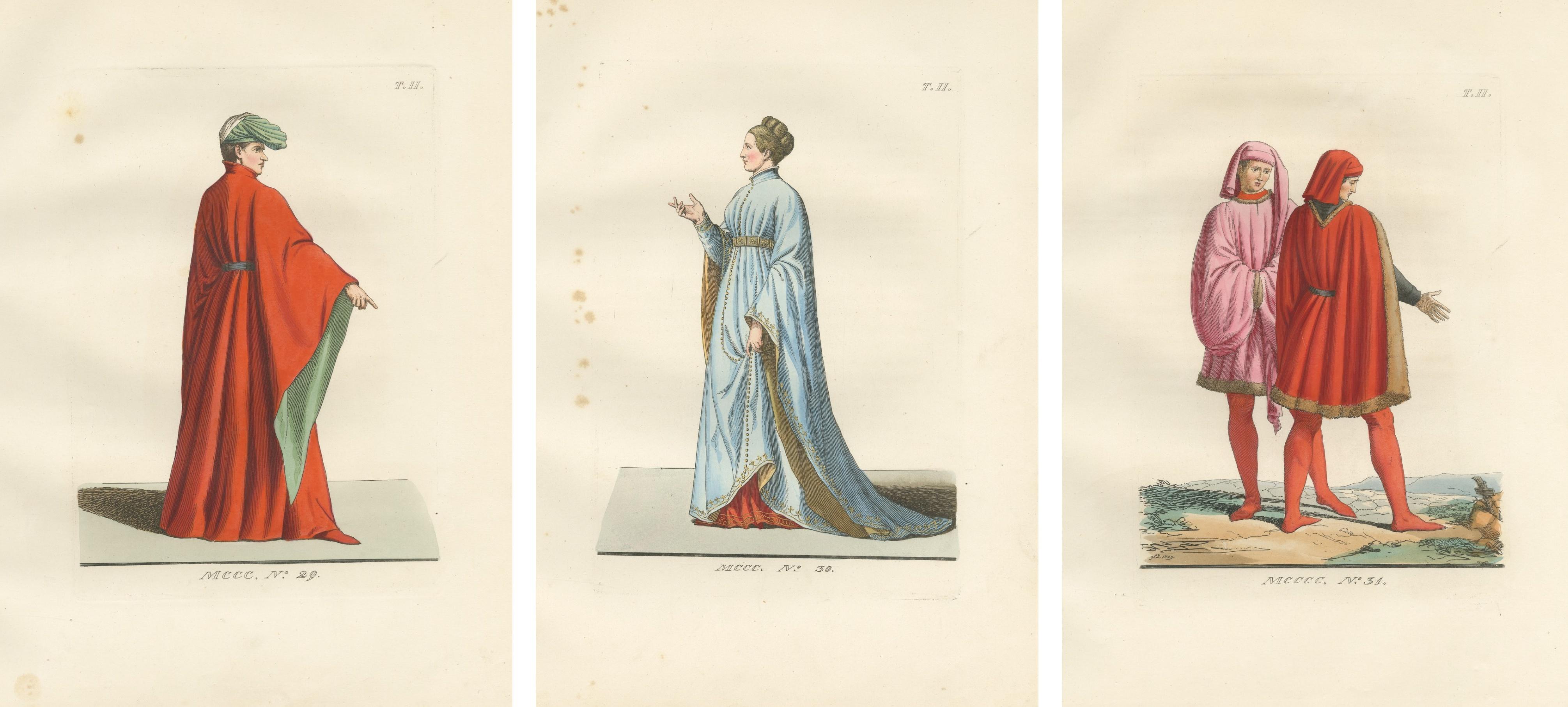 Medieval Costume Figures, 3 Elegant Hand-Colored Antique Prints, France 1845