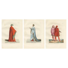 Medieval Costume Figures, 3 Elegant Hand-Colored Antique Prints, France 1845